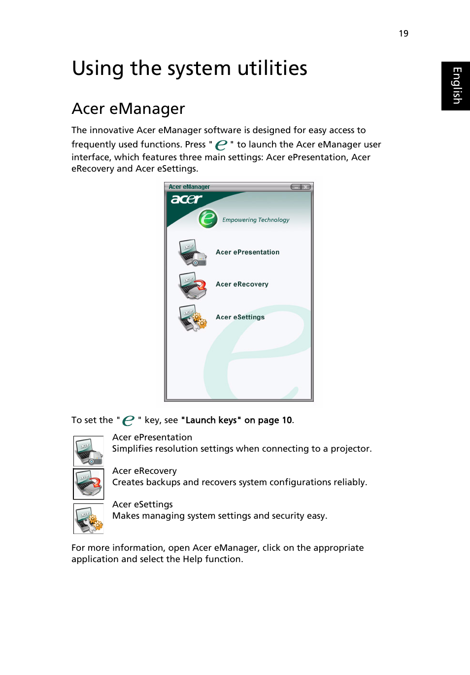 Using the system utilities, Acer emanager | Acer TravelMate 4400 User Manual | Page 27 / 67