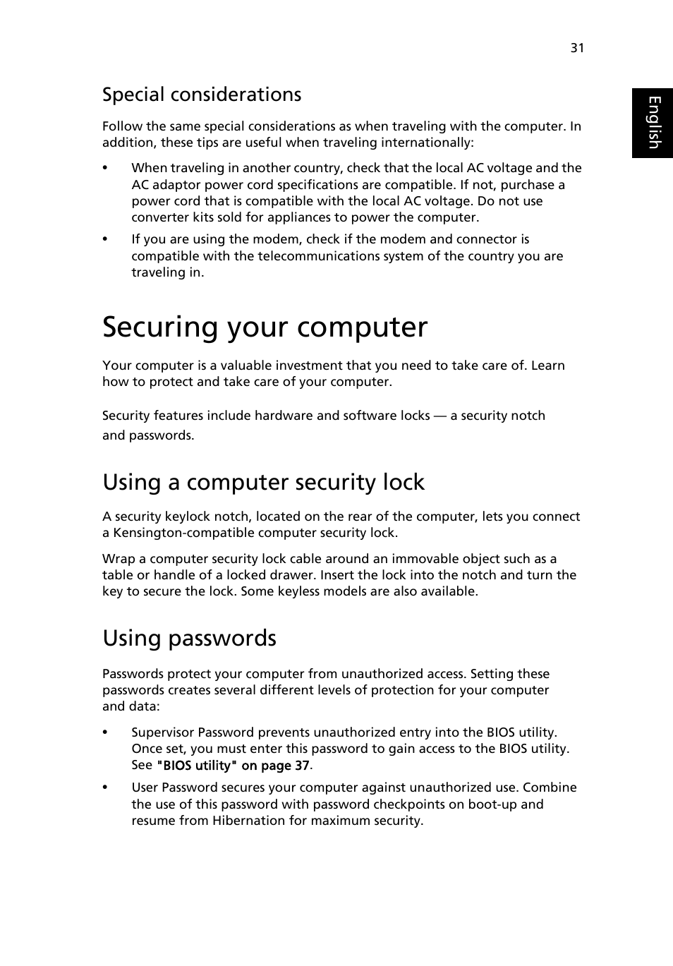 Securing your computer, Using a computer security lock, Using passwords | Special considerations | Acer TravelMate 4400 User Manual | Page 39 / 67