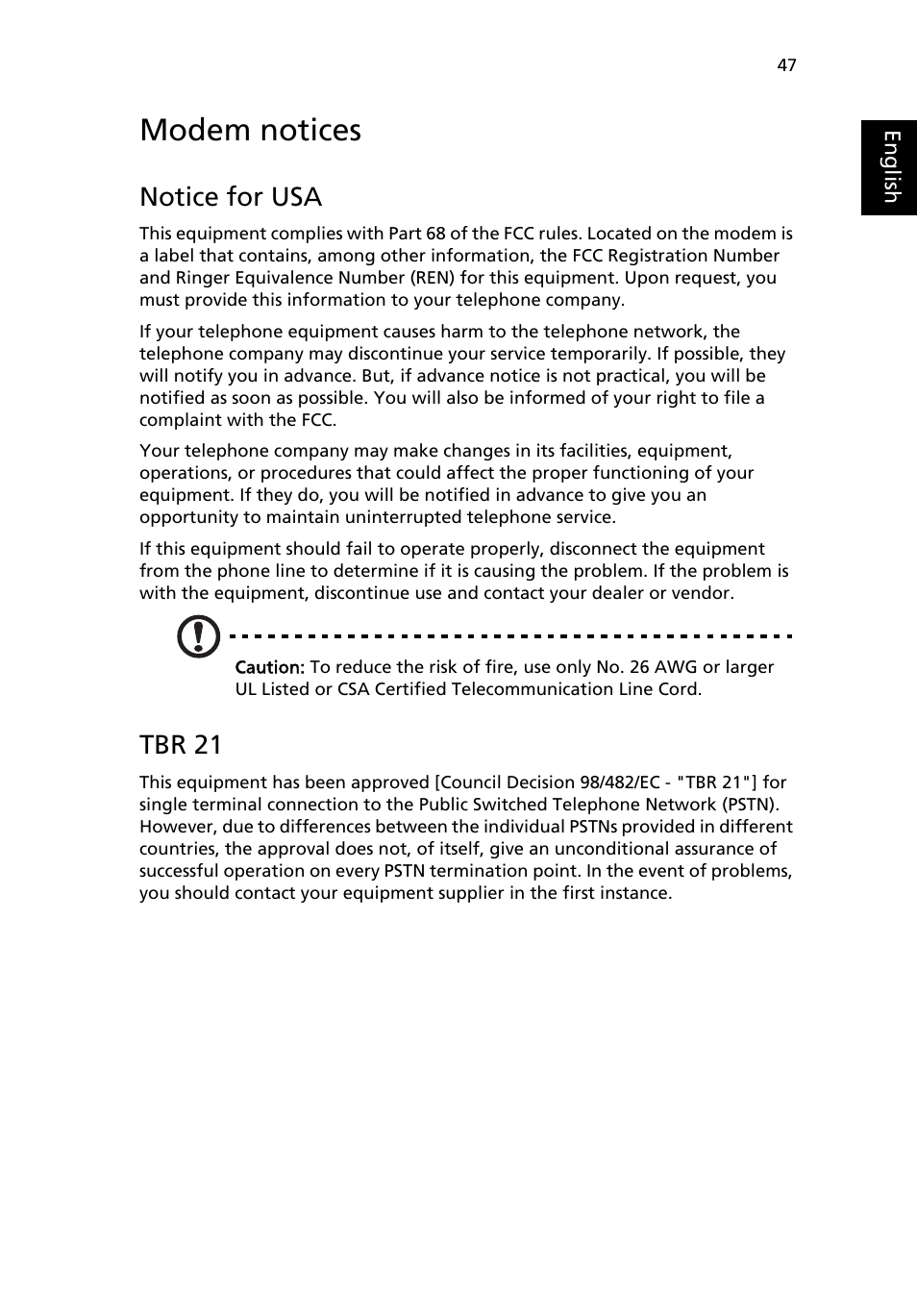 Modem notices, Notice for usa, Tbr 21 | Acer TravelMate 4400 User Manual | Page 55 / 67