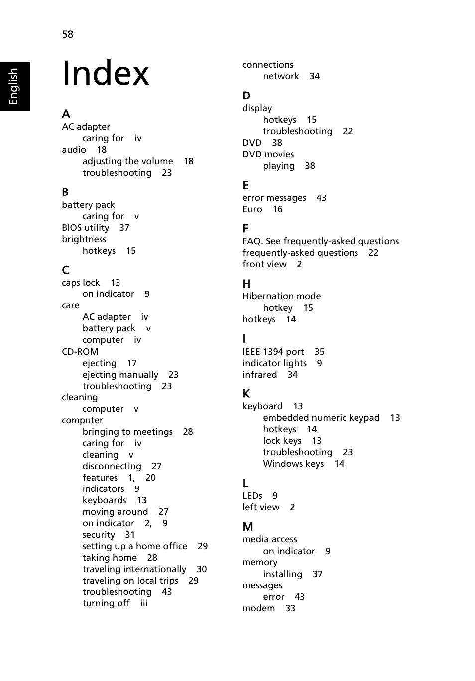 Index | Acer TravelMate 4400 User Manual | Page 66 / 67