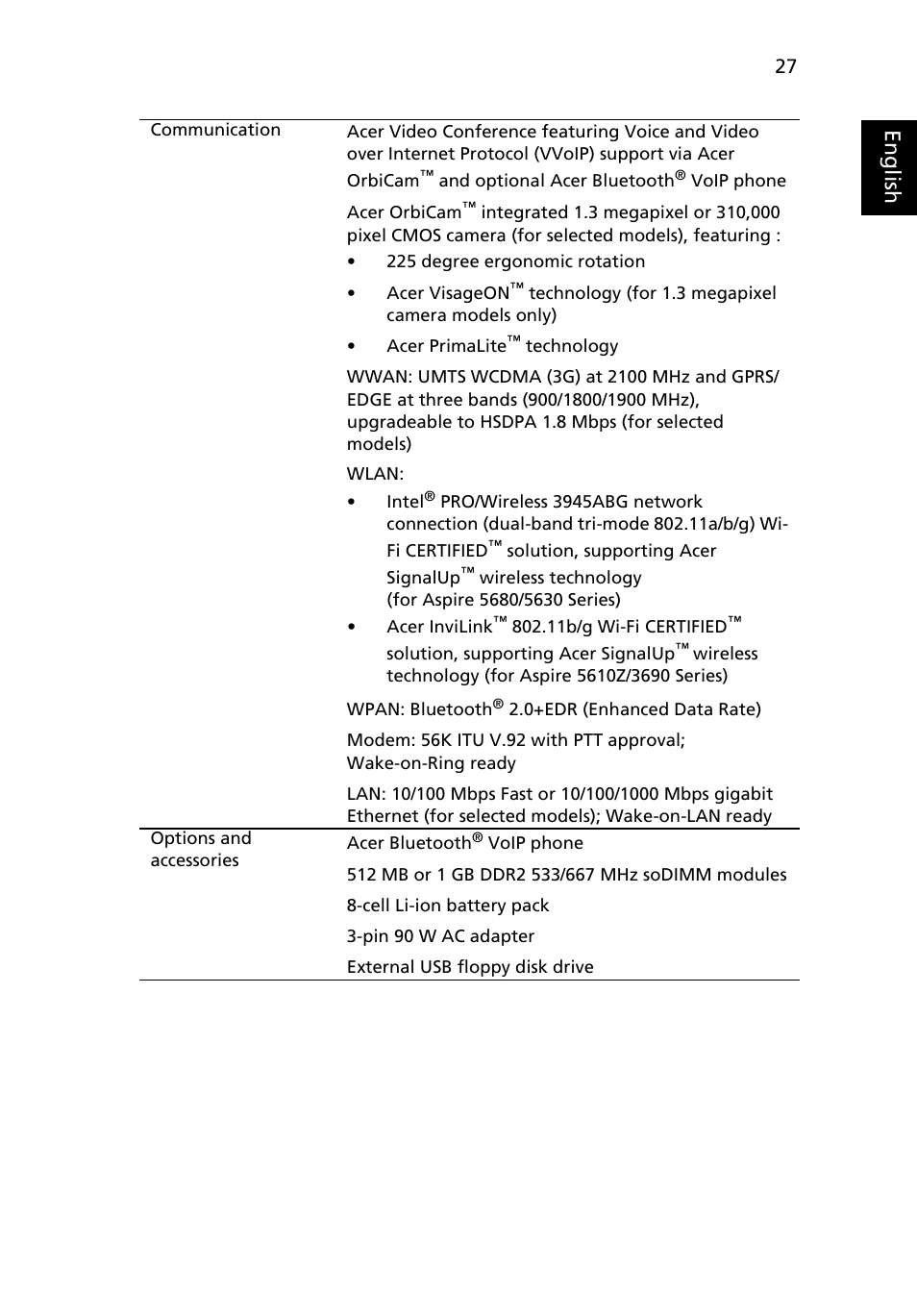 Eng lis h | Acer Aspire 3690 User Manual | Page 45 / 123