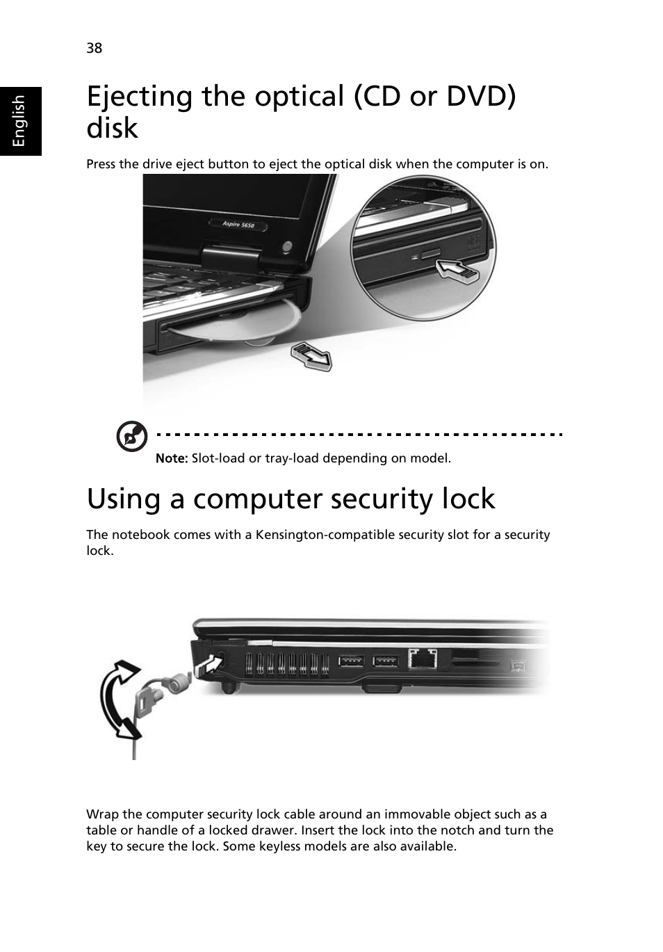 Ejecting the optical (cd or dvd) disk, Using a computer security lock | Acer Aspire 3690 User Manual | Page 56 / 123