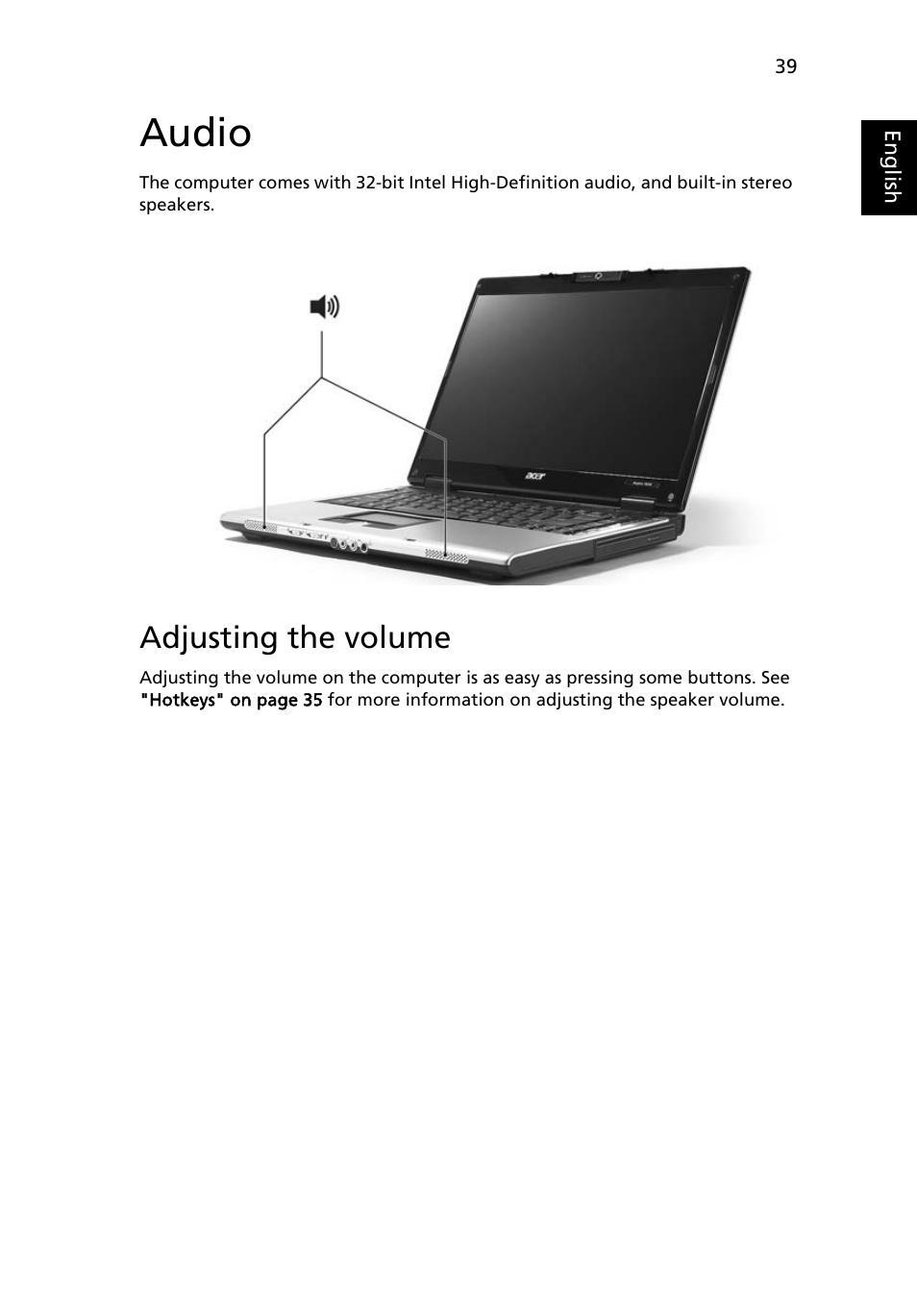 Audio, Adjusting the volume | Acer Aspire 3690 User Manual | Page 57 / 123