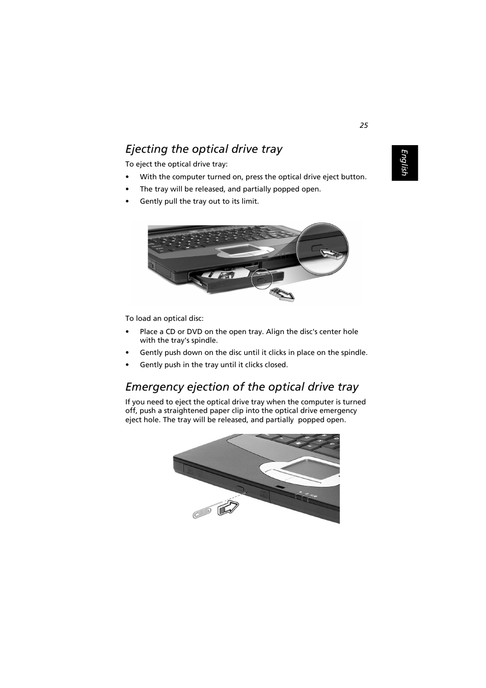 Ejecting the optical drive tray, Emergency ejection of the optical drive tray | Acer Extensa 2900D User Manual | Page 35 / 98