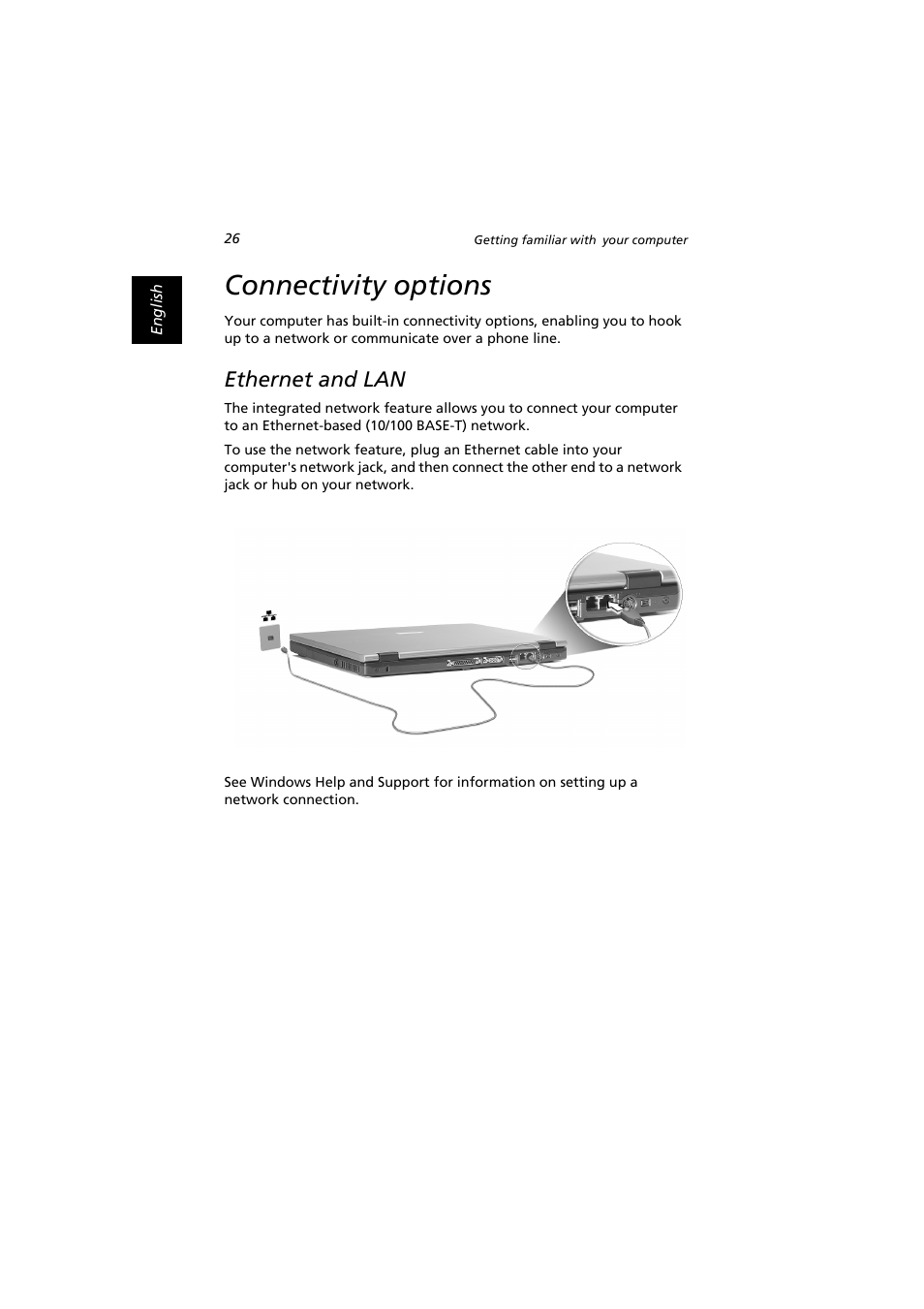 Connectivity options, Ethernet and lan | Acer Extensa 2900D User Manual | Page 36 / 98