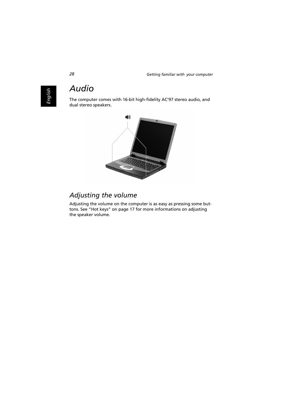 Audio, Adjusting the volume | Acer Extensa 2900D User Manual | Page 38 / 98