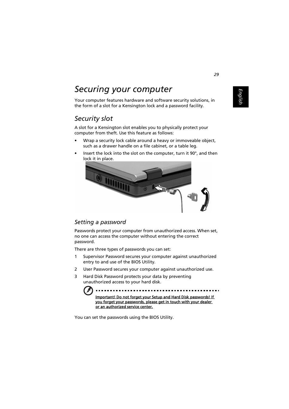 Securing your computer, Security slot, Setting a password | Acer Extensa 2900D User Manual | Page 39 / 98