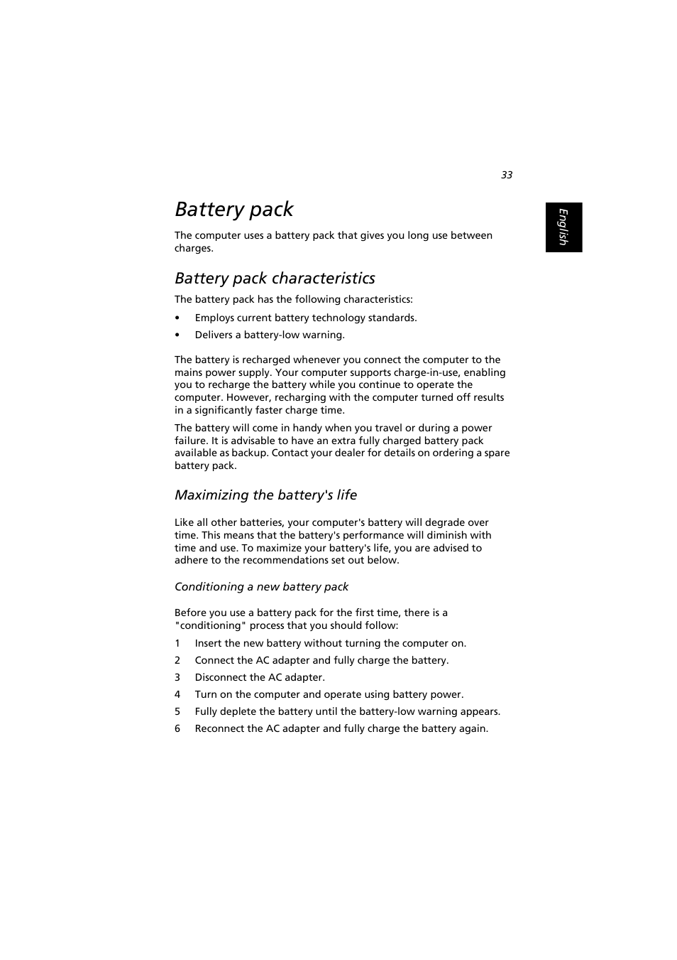 Battery pack, Battery pack characteristics, Maximizing the battery's life | Acer Extensa 2900D User Manual | Page 43 / 98