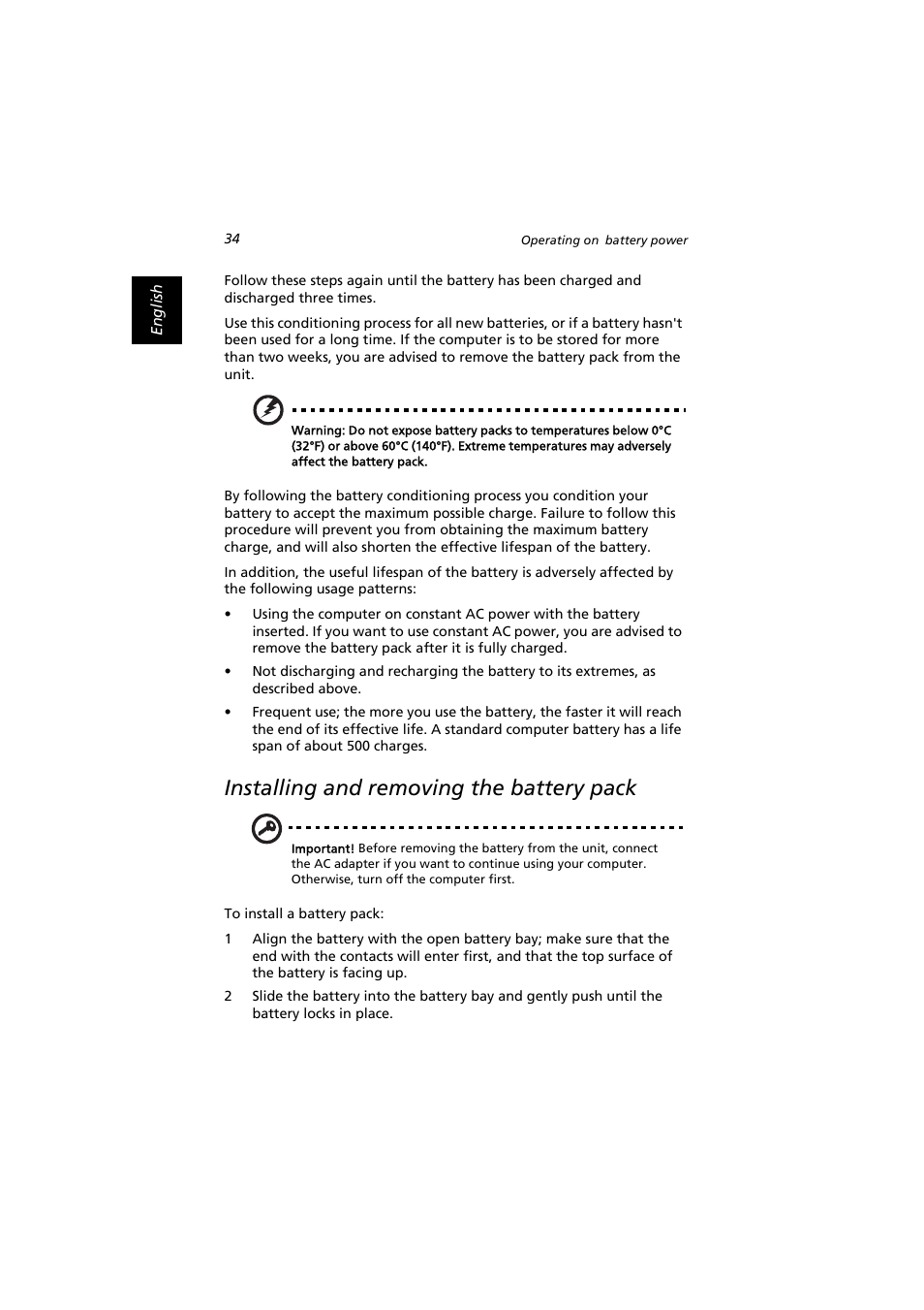Installing and removing the battery pack | Acer Extensa 2900D User Manual | Page 44 / 98
