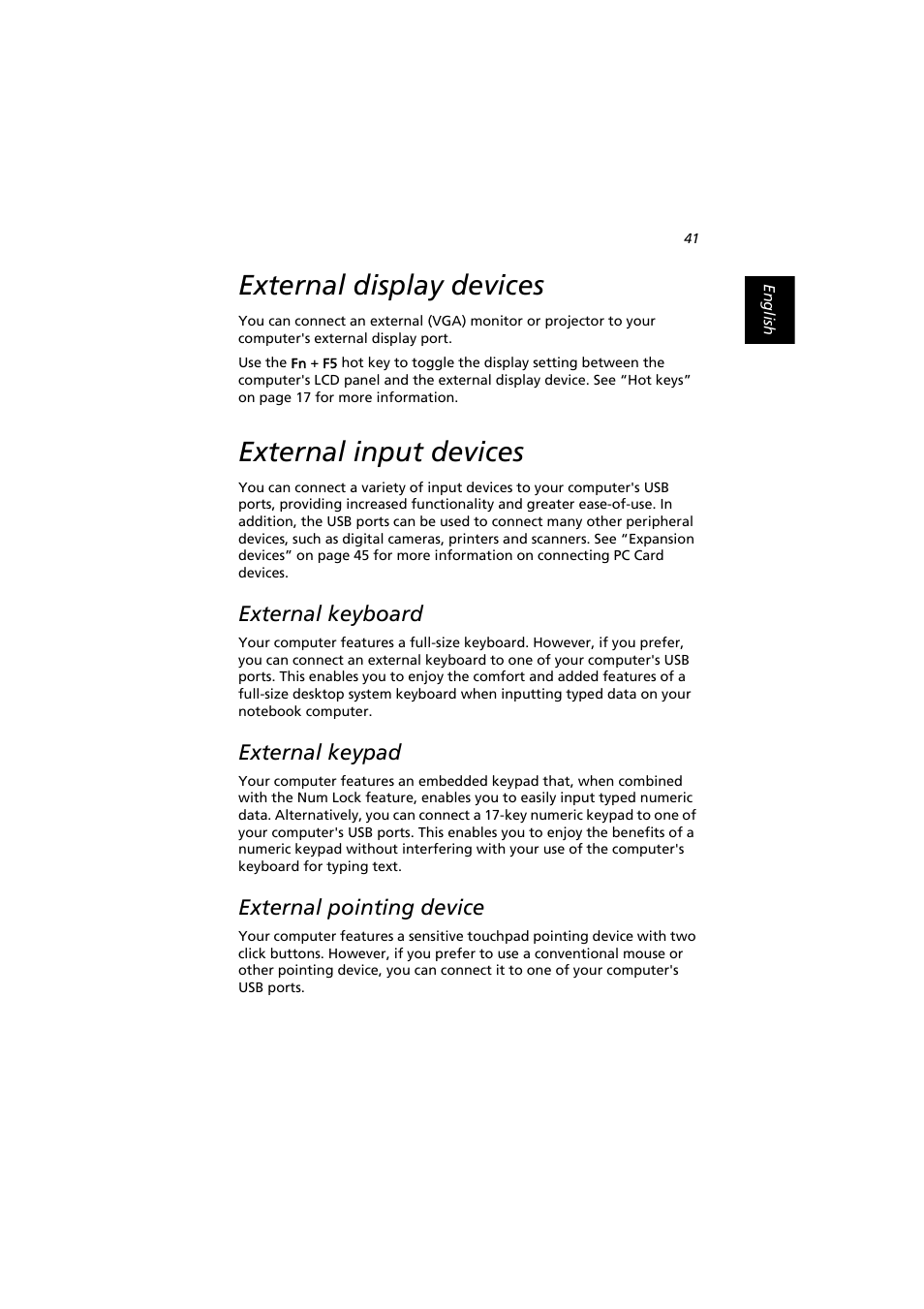 External display devices, External input devices, External keyboard | External keypad, External pointing device | Acer Extensa 2900D User Manual | Page 51 / 98