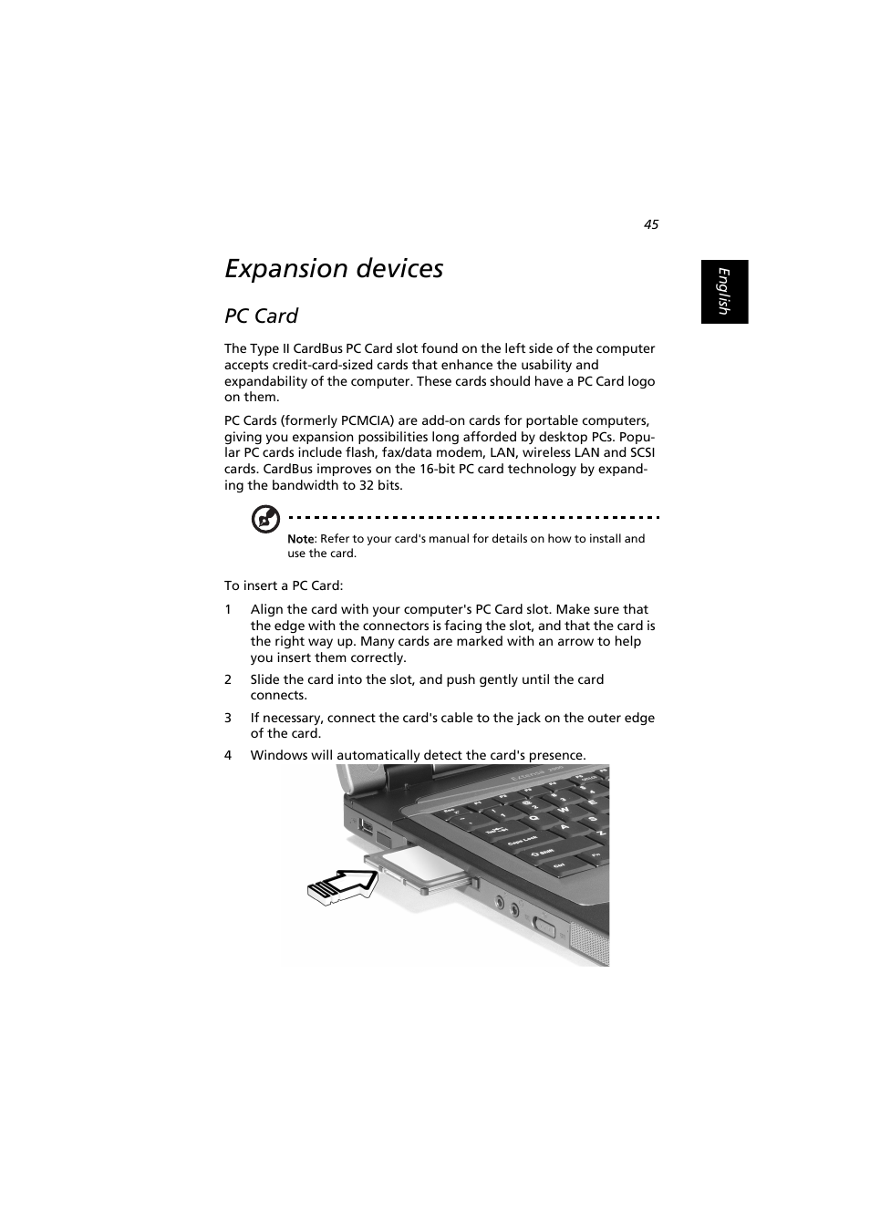 Expansion devices, Pc card | Acer Extensa 2900D User Manual | Page 55 / 98