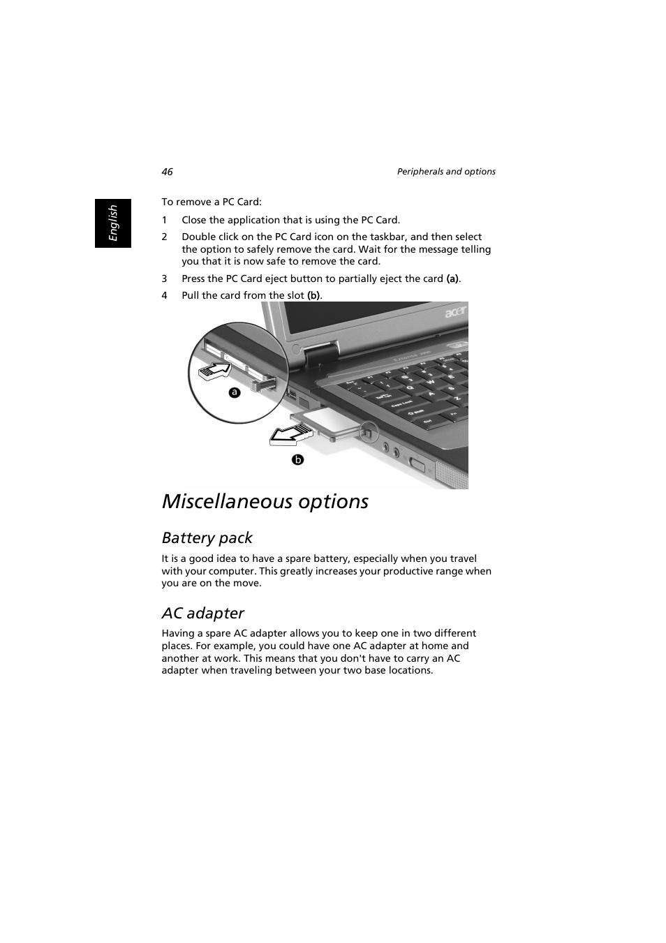 Miscellaneous options, Battery pack, Ac adapter | Acer Extensa 2900D User Manual | Page 56 / 98