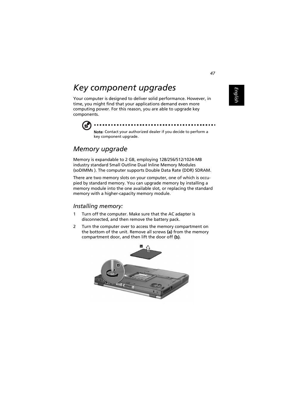 Key component upgrades, Memory upgrade | Acer Extensa 2900D User Manual | Page 57 / 98