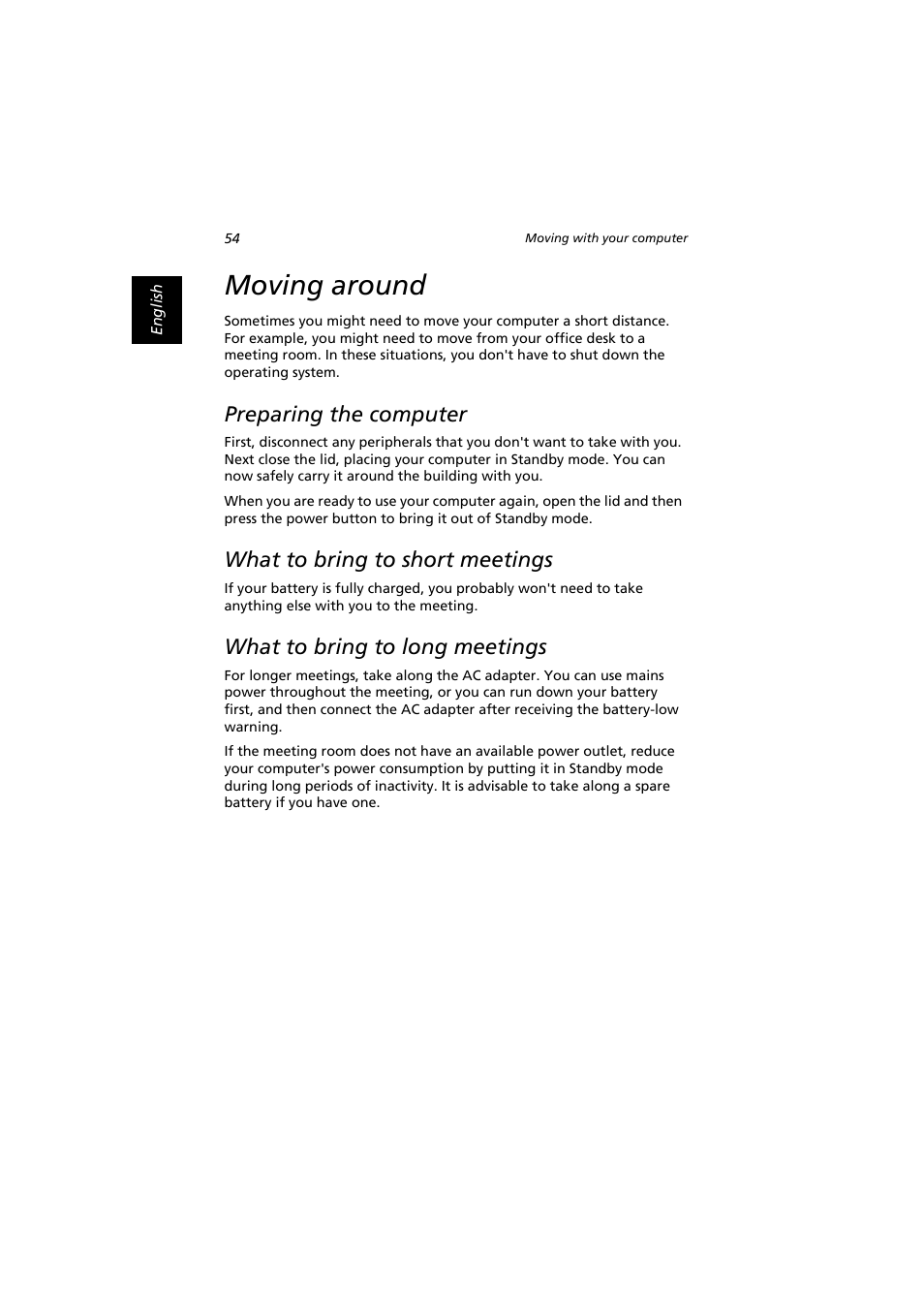 Moving around, Preparing the computer, What to bring to short meetings | What to bring to long meetings | Acer Extensa 2900D User Manual | Page 64 / 98