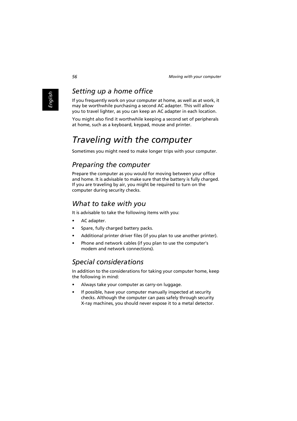 Setting up a home office, Traveling with the computer, Preparing the computer | What to take with you, Special considerations | Acer Extensa 2900D User Manual | Page 66 / 98