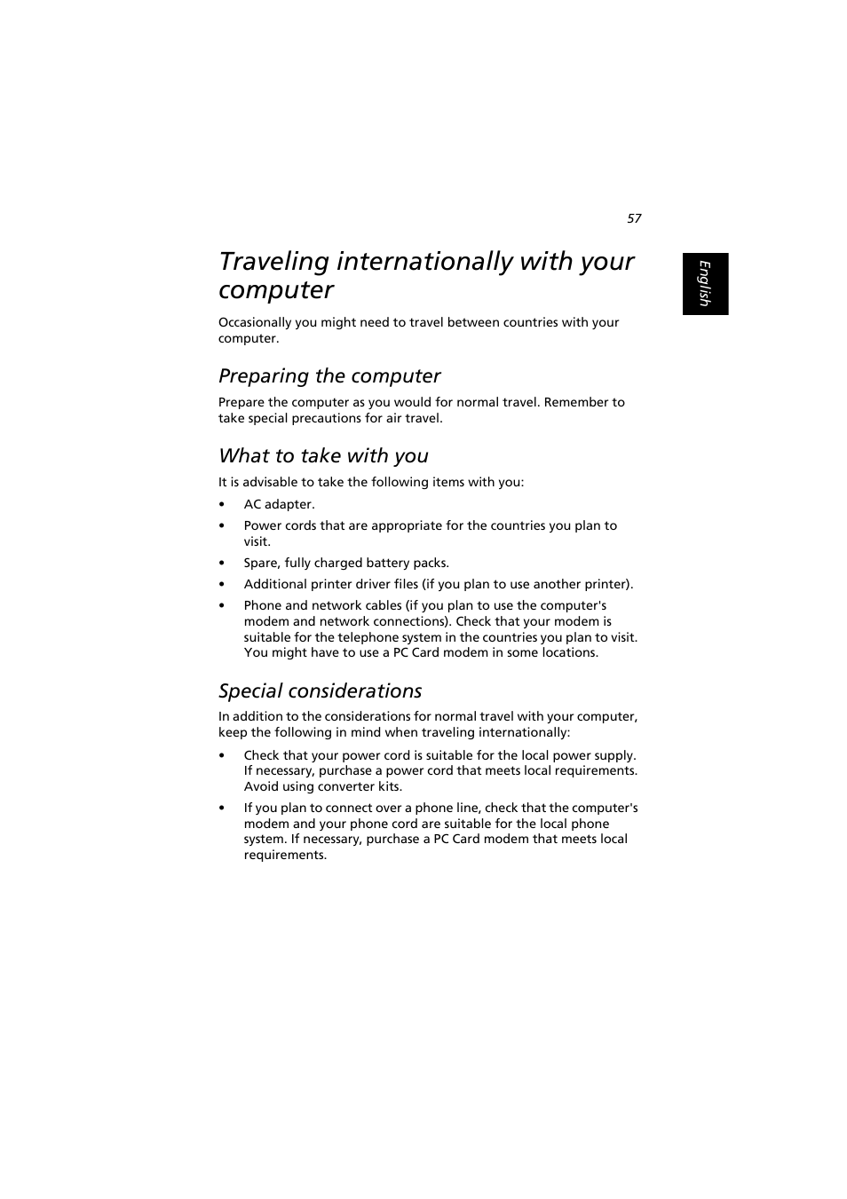 Traveling internationally with your computer, Preparing the computer, What to take with you | Special considerations | Acer Extensa 2900D User Manual | Page 67 / 98