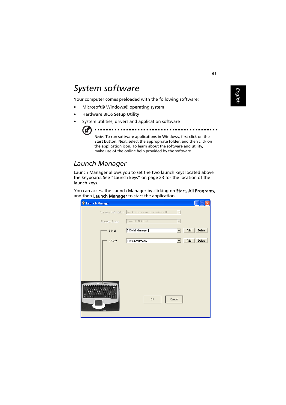 System software, Launch manager | Acer Extensa 2900D User Manual | Page 71 / 98