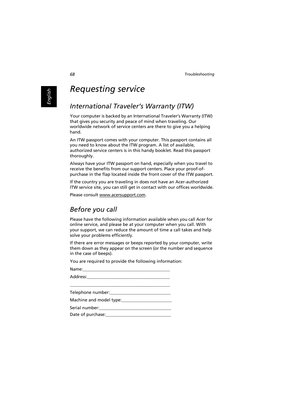 Requesting service, International traveler’s warranty (itw), Before you call | Acer Extensa 2900D User Manual | Page 78 / 98