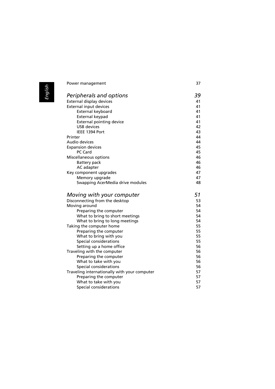 Peripherals and options 39, Moving with your computer 51 | Acer Extensa 2900D User Manual | Page 8 / 98