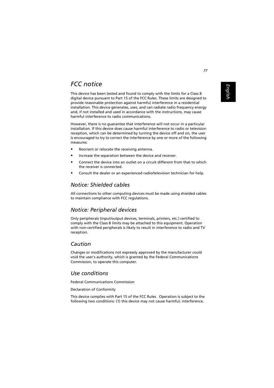 Fcc notice, Notice: shielded cables, Notice: peripheral devices | Caution, Use conditions | Acer Extensa 2900D User Manual | Page 87 / 98