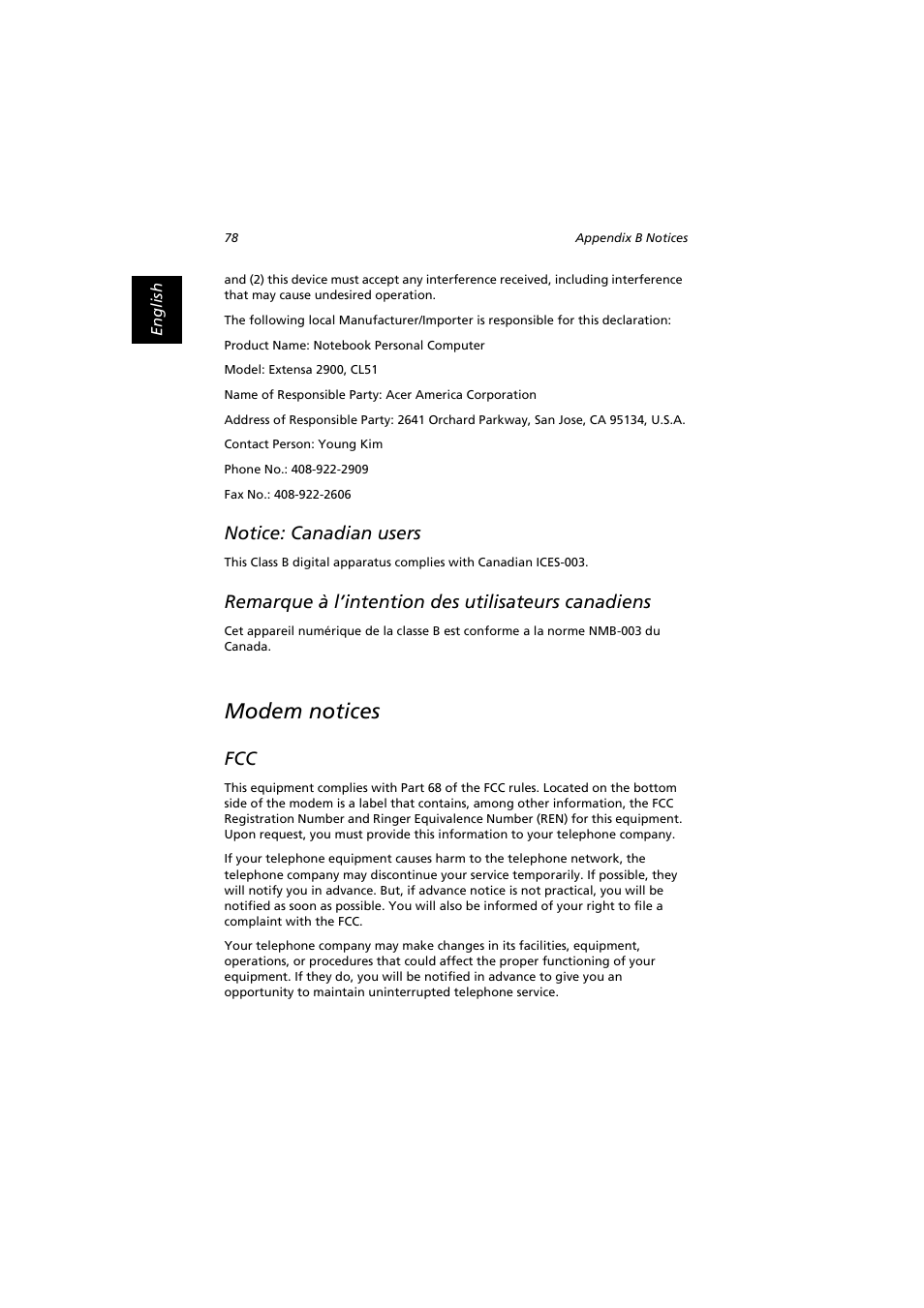 Modem notices, Notice: canadian users, Remarque à l’intention des utilisateurs canadiens | Acer Extensa 2900D User Manual | Page 88 / 98