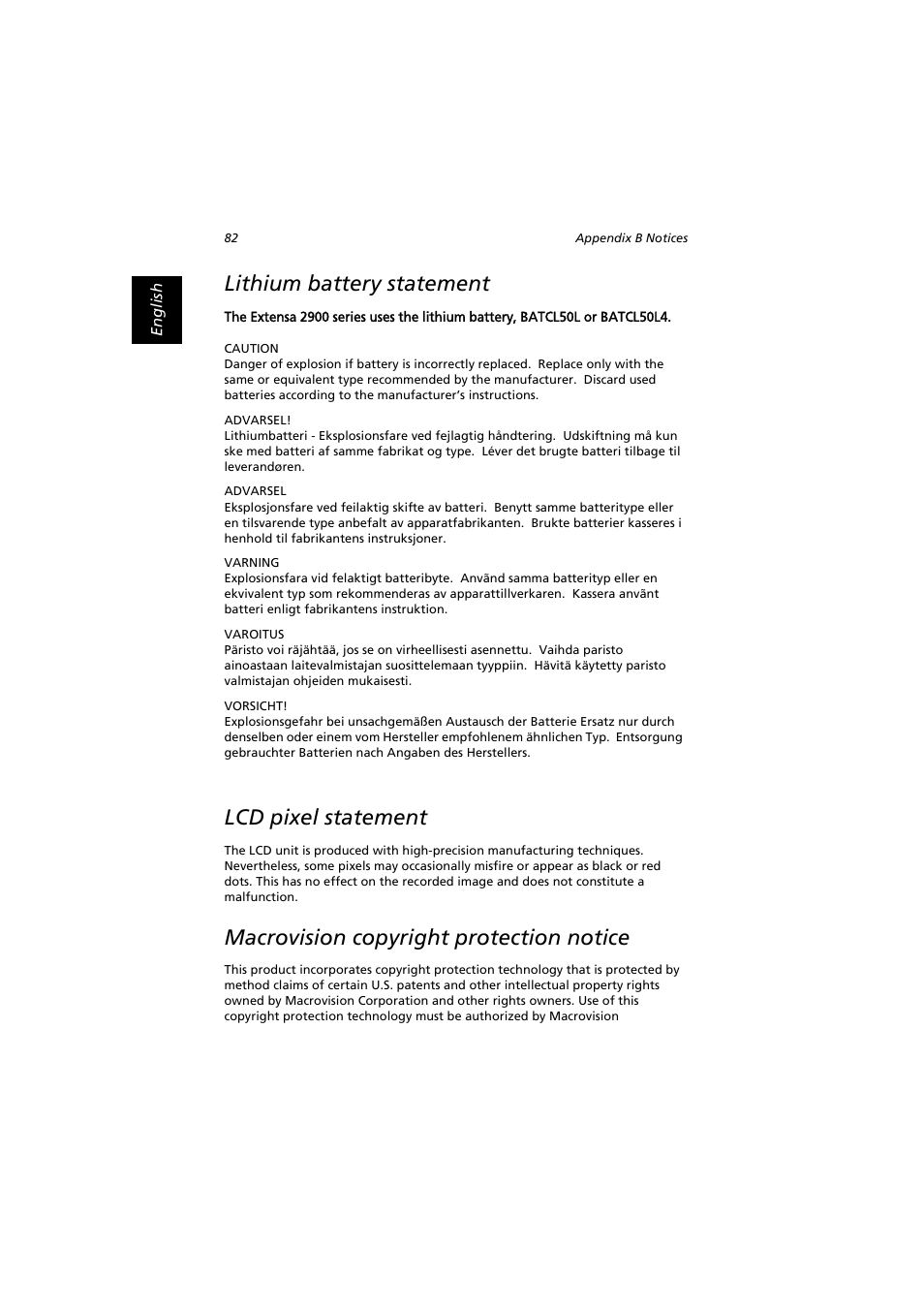 Lithium battery statement, Lcd pixel statement, Macrovision copyright protection notice | Acer Extensa 2900D User Manual | Page 92 / 98