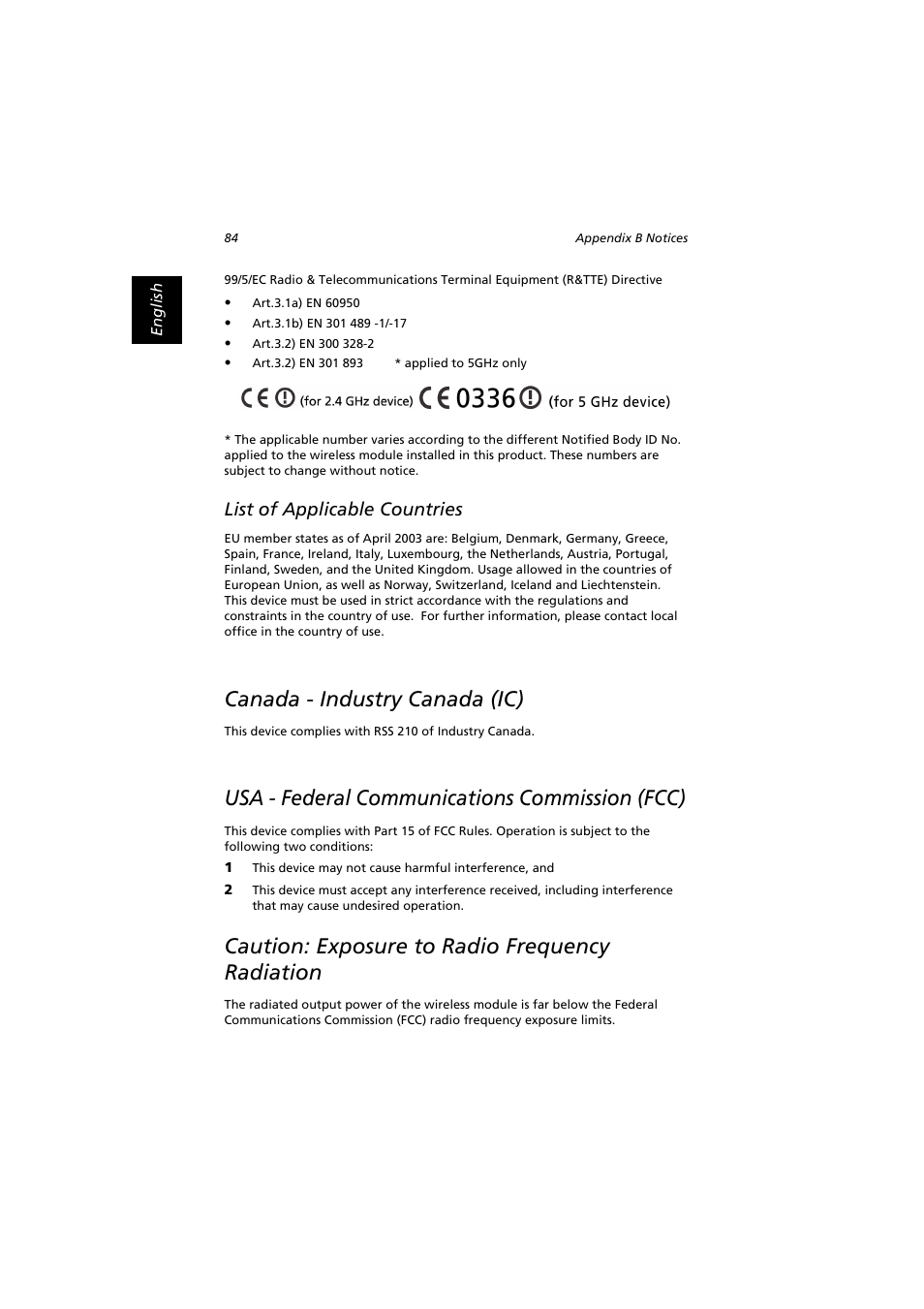 Canada - industry canada (ic), Usa - federal communications commission (fcc), Caution: exposure to radio frequency radiation | List of applicable countries | Acer Extensa 2900D User Manual | Page 94 / 98