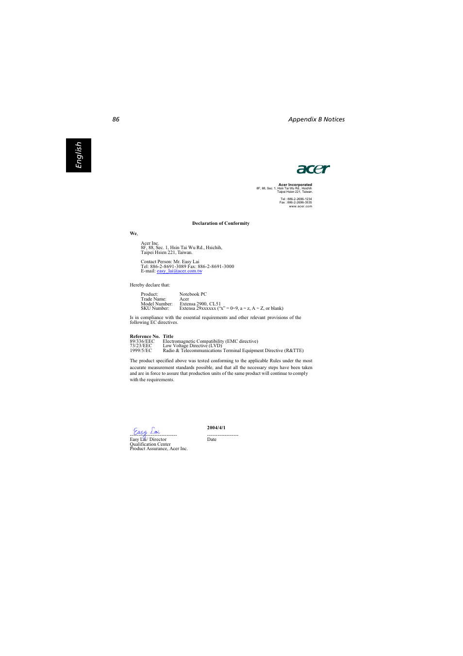 English | Acer Extensa 2900D User Manual | Page 96 / 98