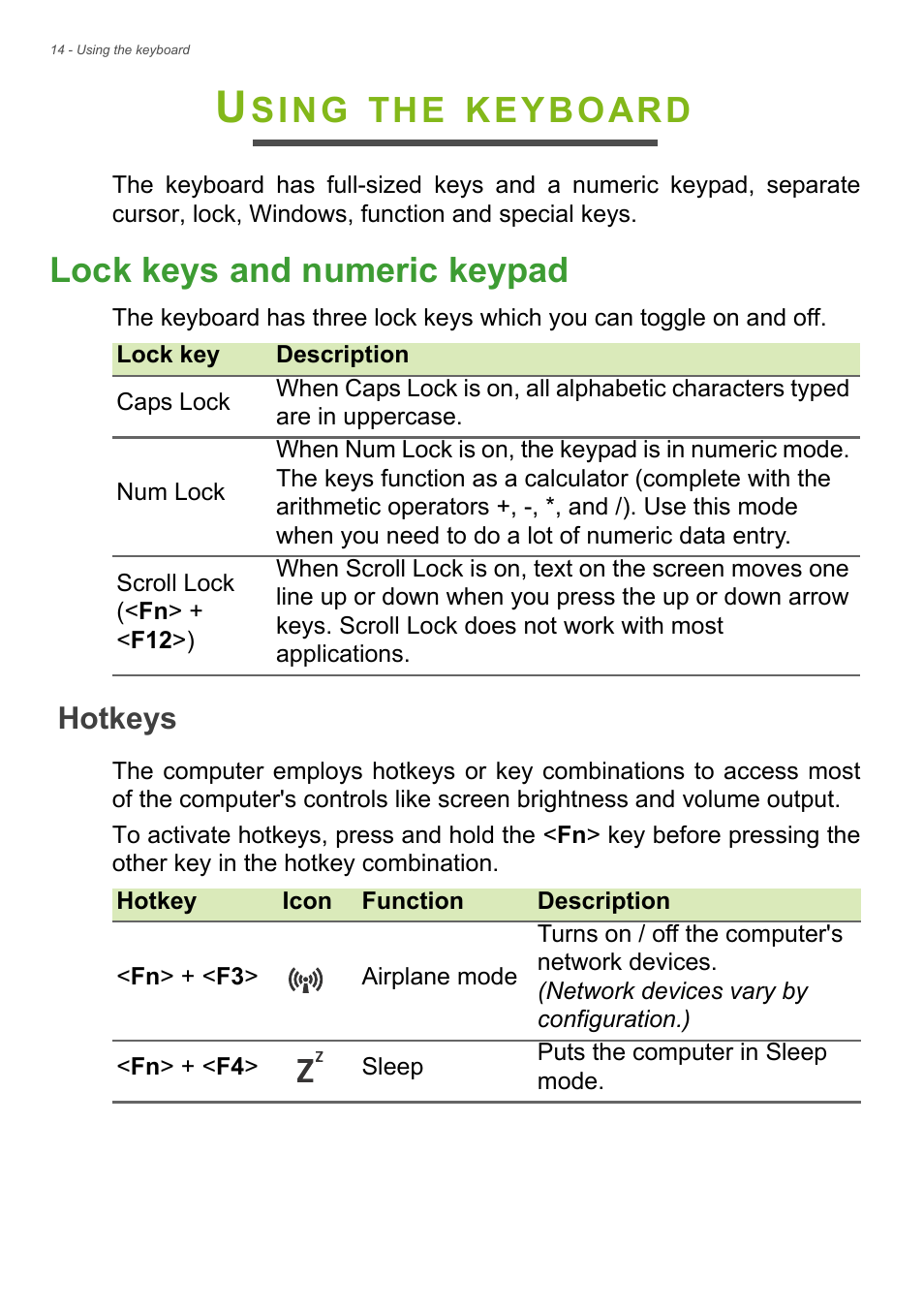 Using the keyboard, Lock keys and numeric keypad, Hotkeys | Sing, Keyboard | Acer Aspire V5-561G User Manual | Page 14 / 85