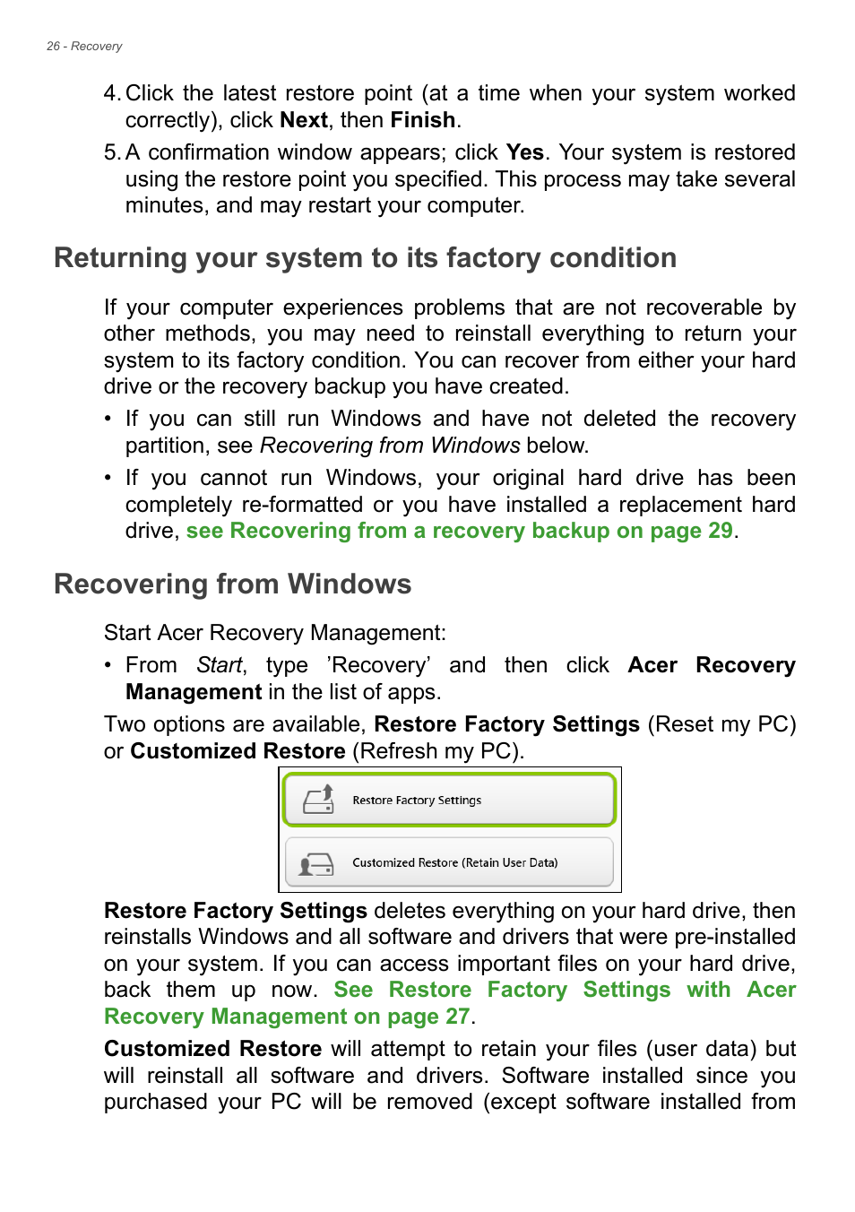 Returning your system to its factory condition, Recovering from windows, See returning your | See returning your system to its | Acer Aspire V5-561G User Manual | Page 26 / 85