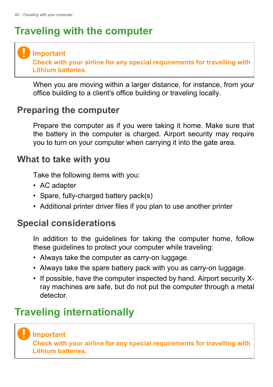 Traveling with the computer, Preparing the computer, What to take with you | Special considerations, Traveling internationally | Acer Aspire V5-561G User Manual | Page 52 / 85