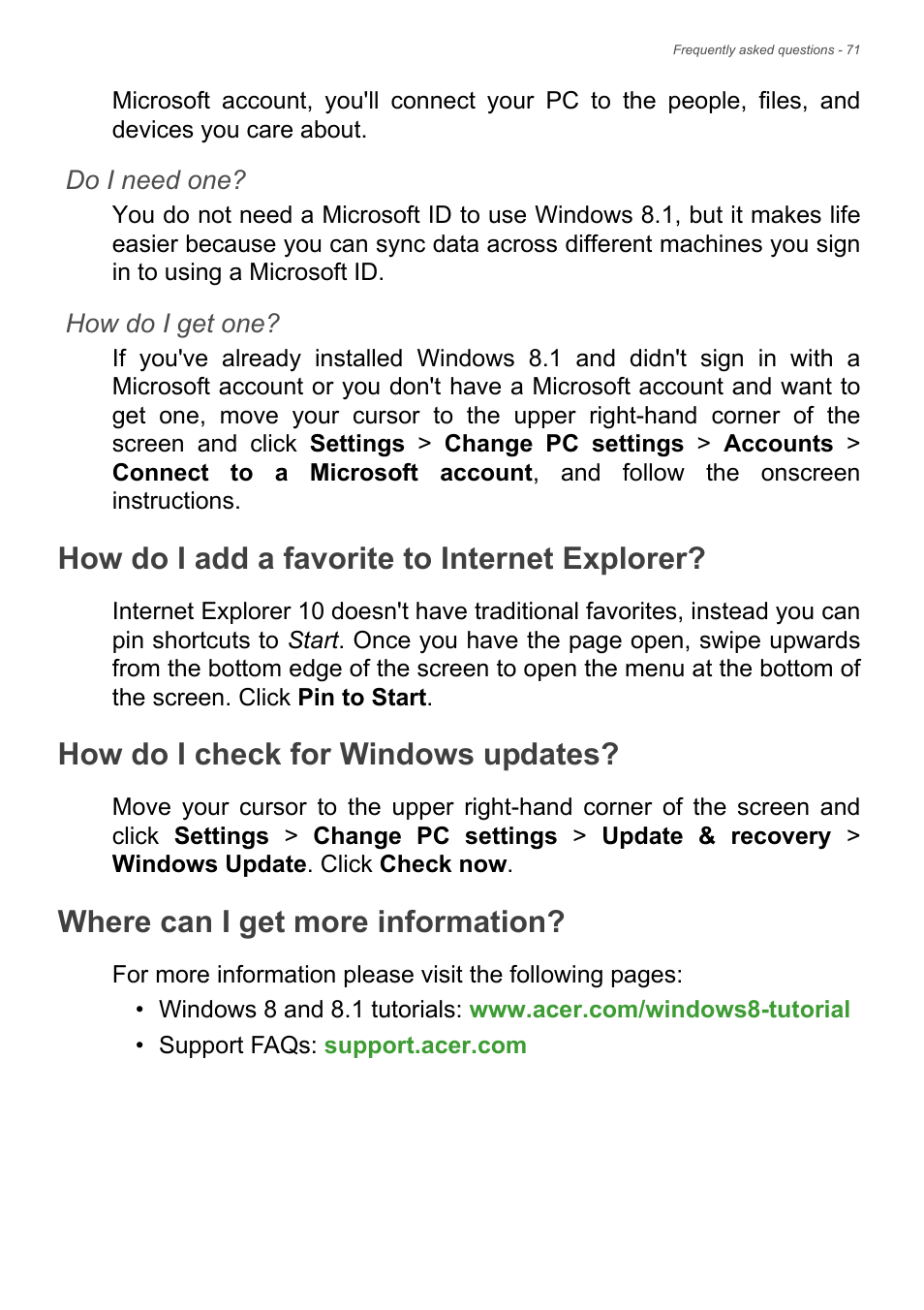 How do i add a favorite to internet explorer, How do i check for windows updates, Where can i get more information | How do i add a favorite to internet | Acer Aspire V5-561G User Manual | Page 71 / 85