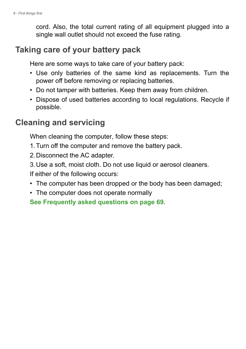 Taking care of your battery pack, Cleaning and servicing | Acer Aspire V5-561G User Manual | Page 8 / 85