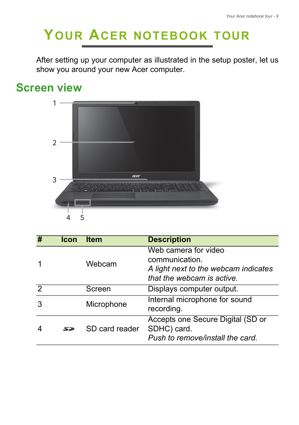 Your acer notebook tour, Screen view, Tour | Acer Aspire V5-561G User Manual | Page 9 / 85