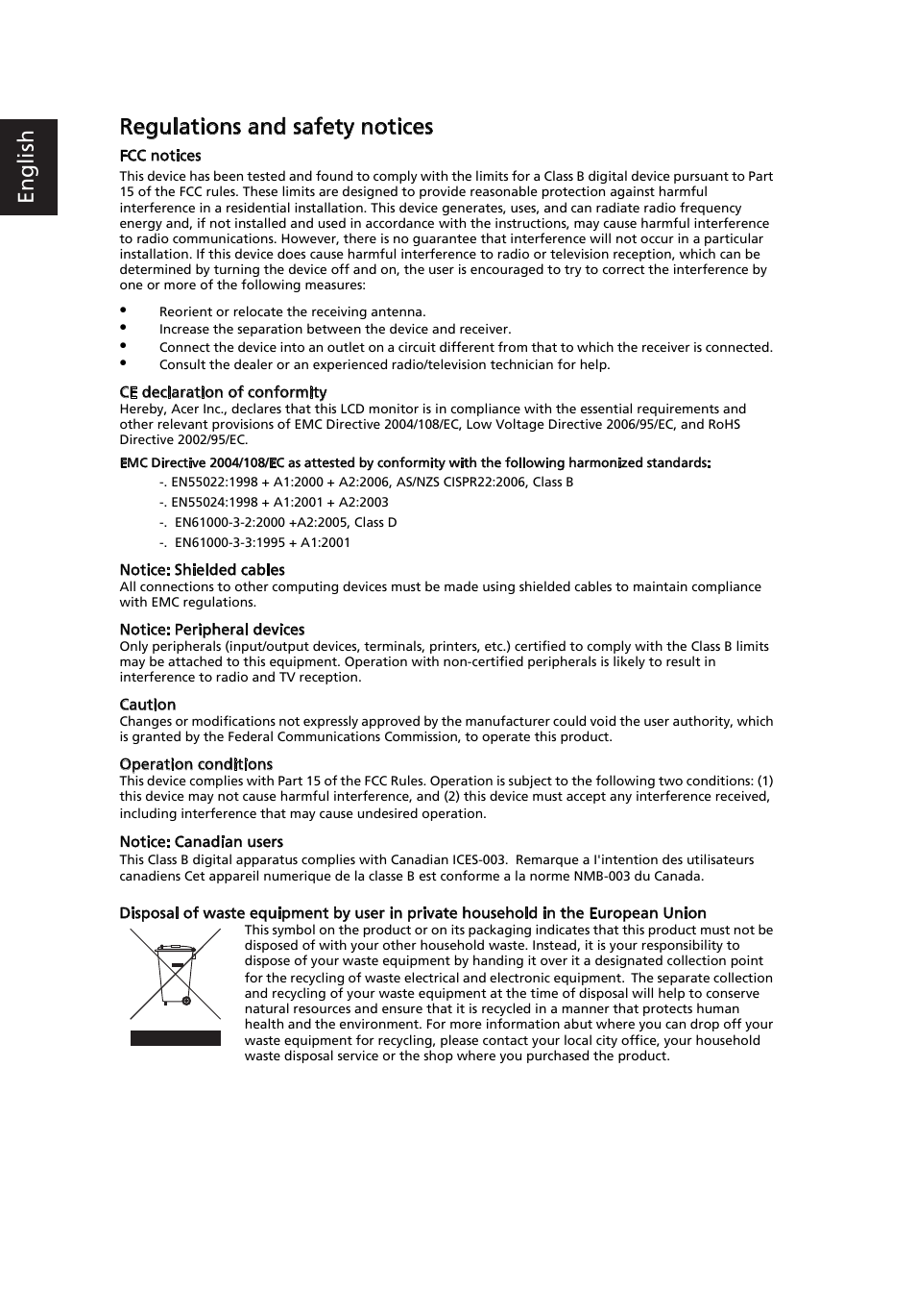 En g lis h regulations and safety notices | Acer S243HL User Manual | Page 2 / 2
