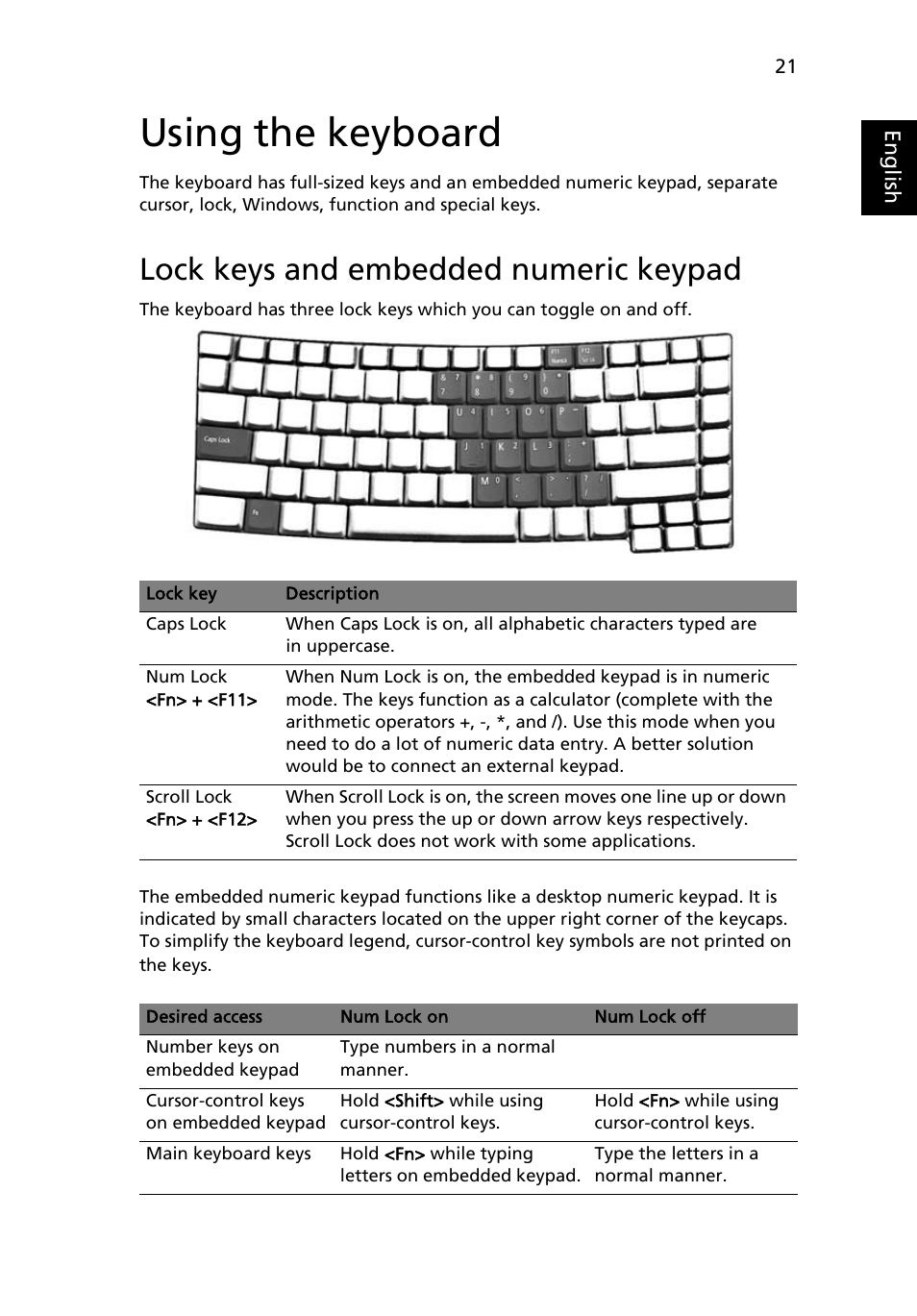 Using the keyboard, Lock keys and embedded numeric keypad, Lock keys and embedded numeric keypad 21 | Acer TravelMate 2420 User Manual | Page 31 / 74