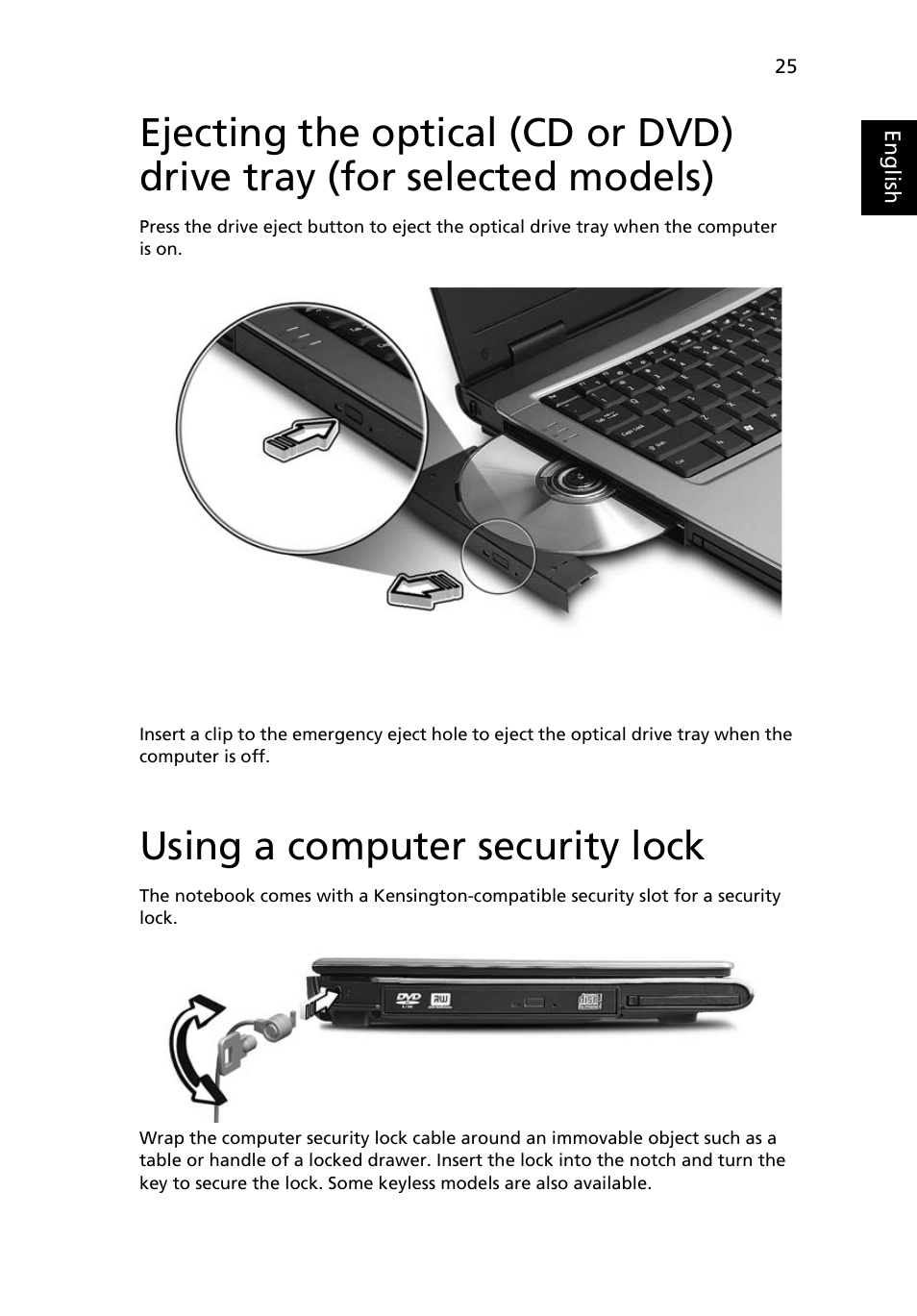 Using a computer security lock | Acer TravelMate 2420 User Manual | Page 35 / 74