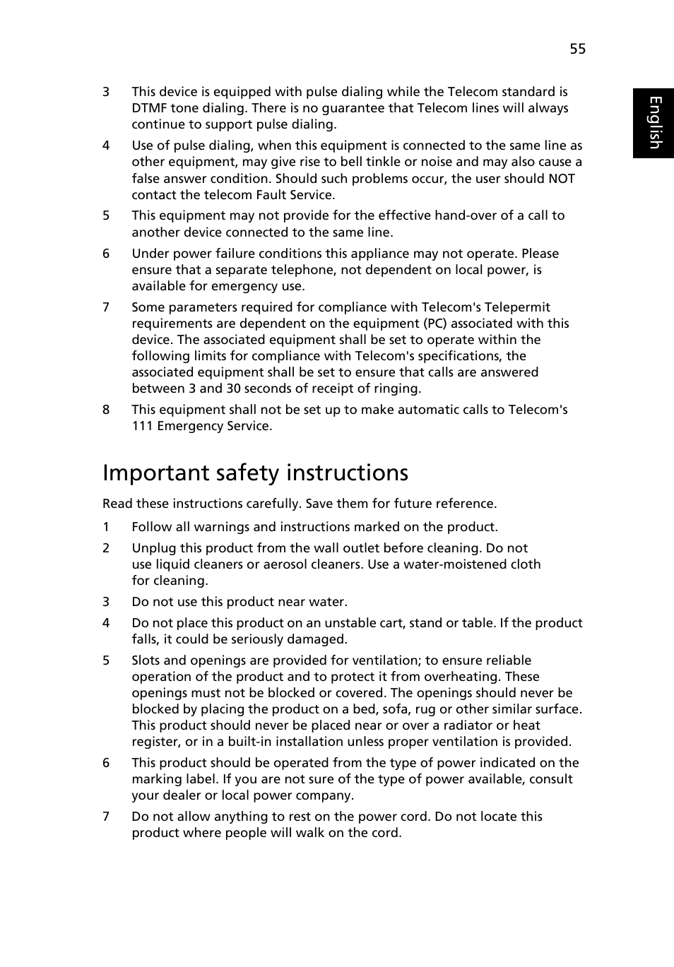 Important safety instructions | Acer TravelMate 2420 User Manual | Page 65 / 74