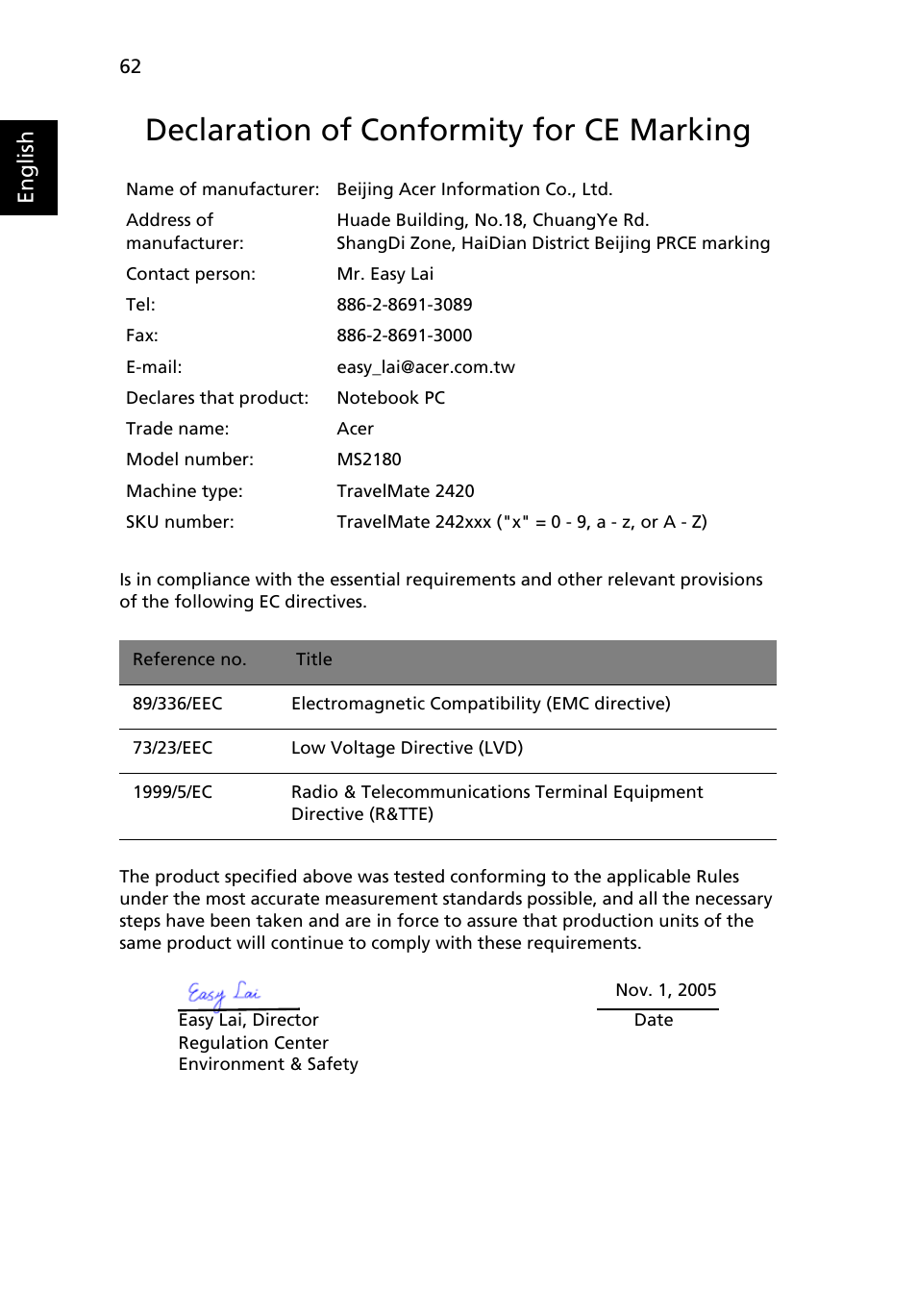 Declaration of conformity for ce marking, Declaration of conformity for ce marking 62, English | Acer TravelMate 2420 User Manual | Page 72 / 74