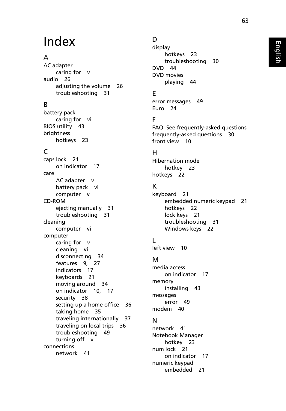 Index | Acer TravelMate 2420 User Manual | Page 73 / 74