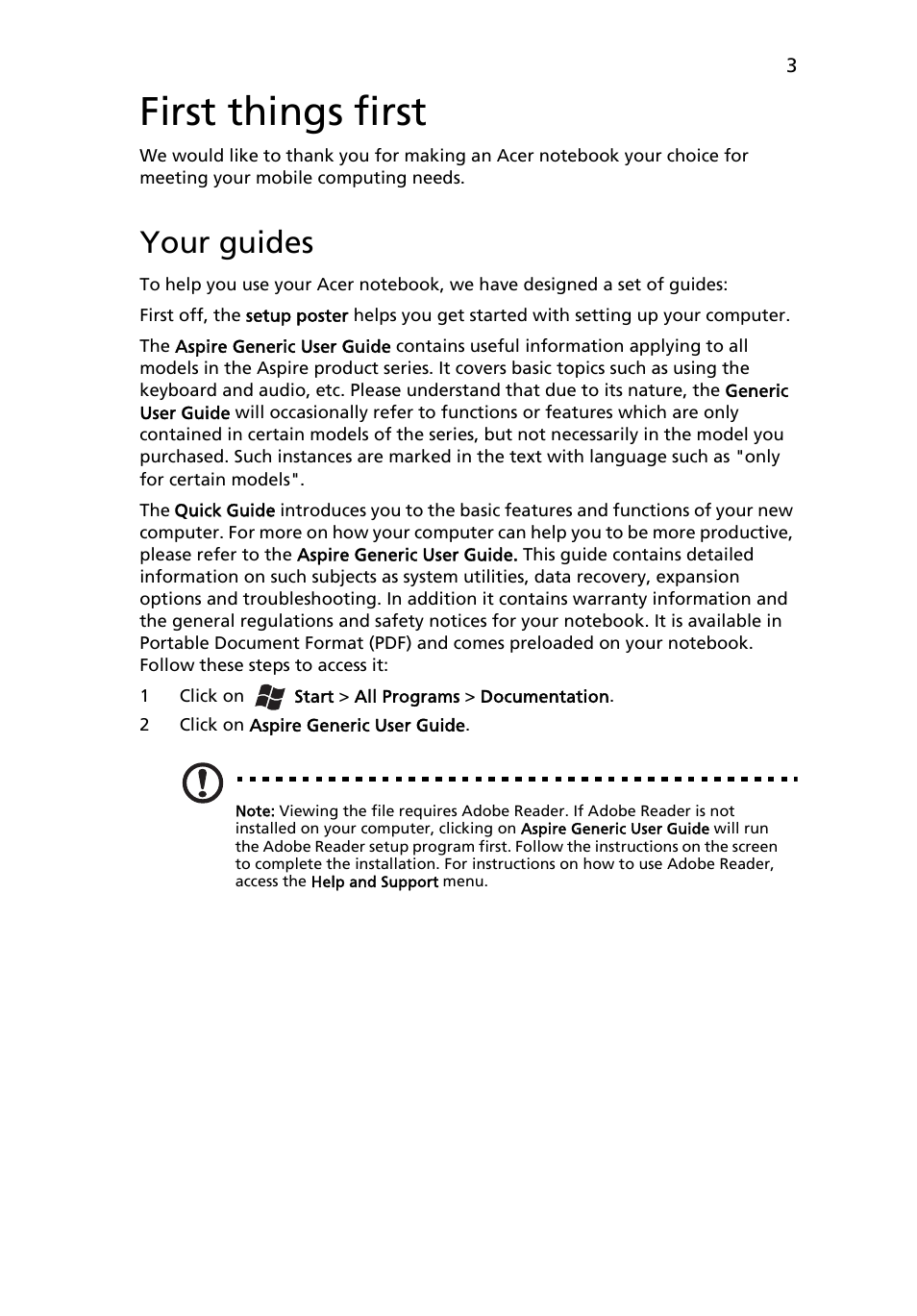 First things first, Your guides | Acer Aspire 7250G User Manual | Page 3 / 9