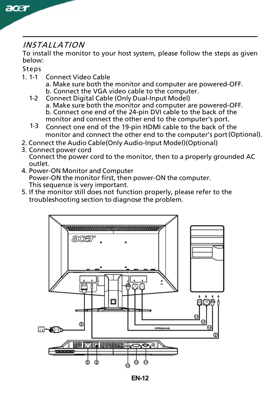 Installation | Acer G215HL User Manual | Page 13 / 23