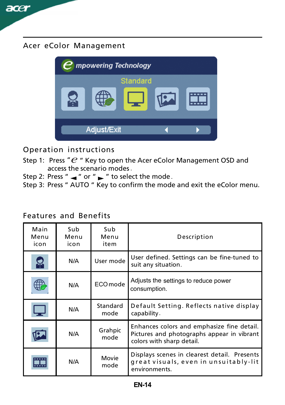 Acer ecolor management operation instructions, Features and benefits | Acer G215HL User Manual | Page 15 / 23