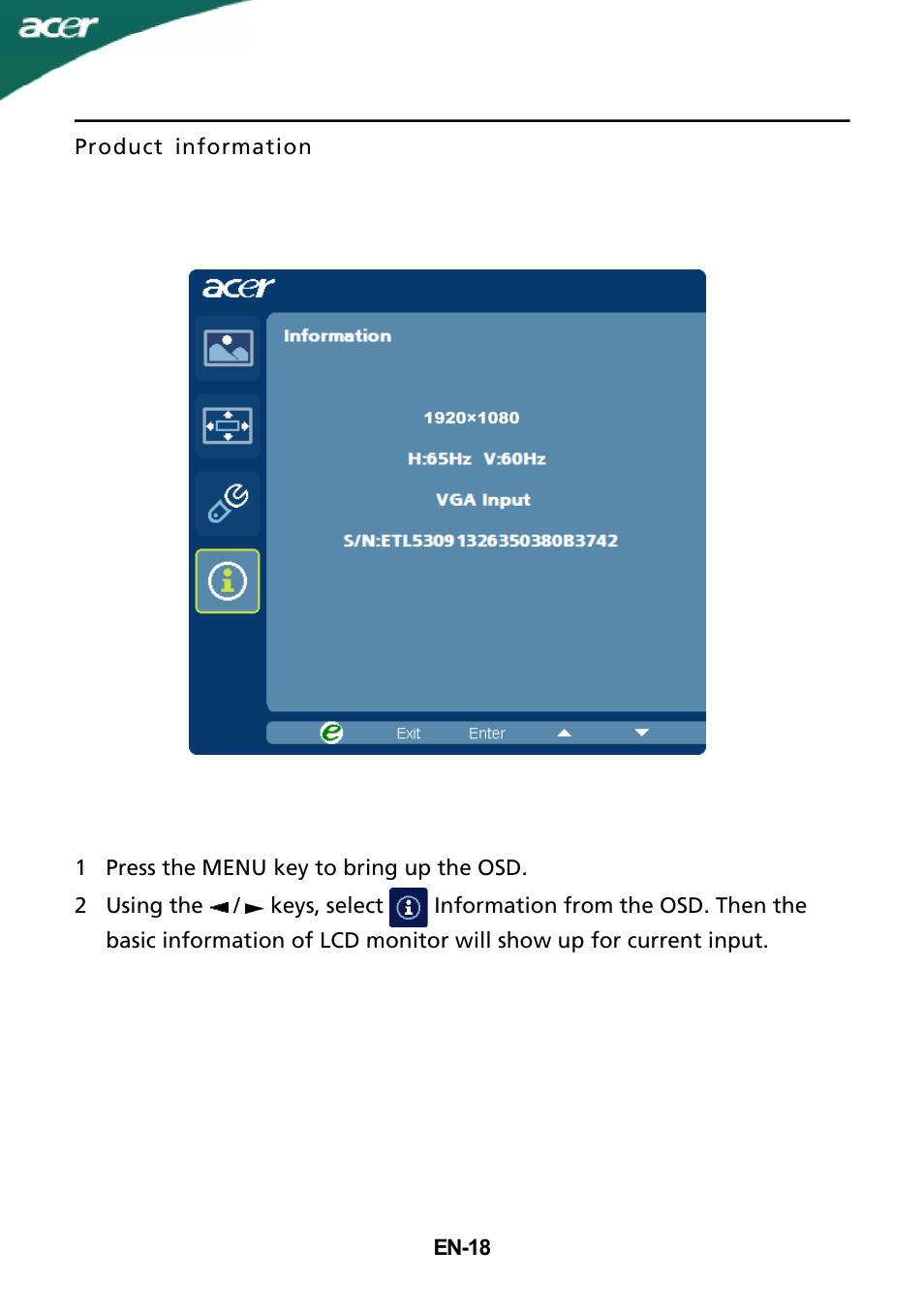 Acer G215HL User Manual | Page 19 / 23