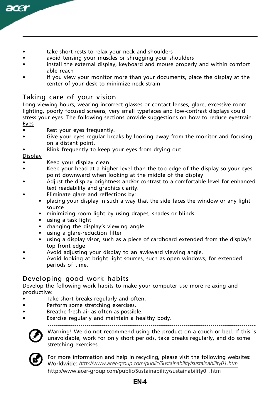 En-4, Taking care of your vision, Developing good work habits | Acer G215HL User Manual | Page 5 / 23