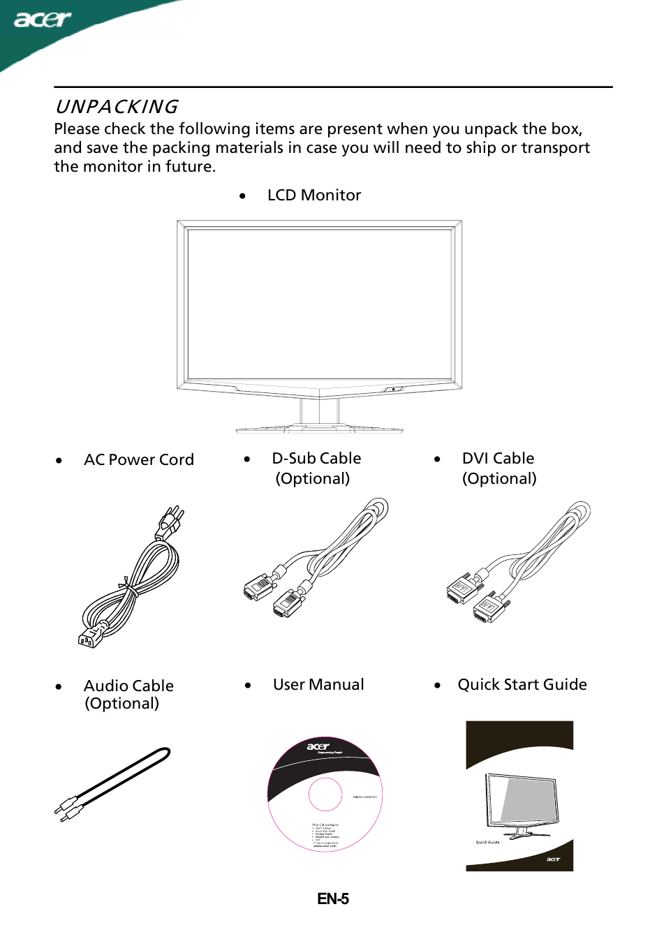 Unpacking | Acer G215HL User Manual | Page 6 / 23