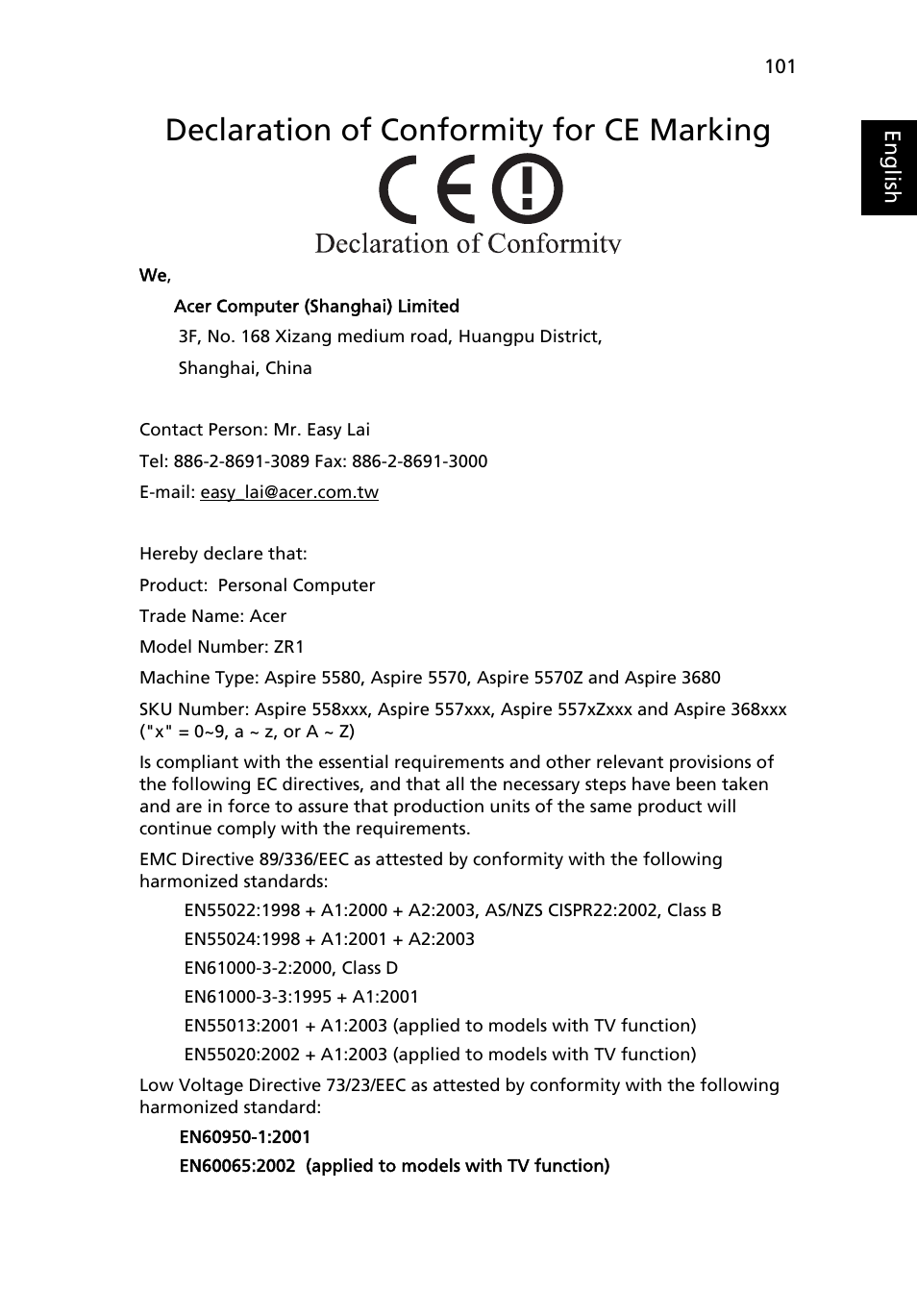 Declaration of conformity for ce marking | Acer Aspire 5570Z User Manual | Page 121 / 124