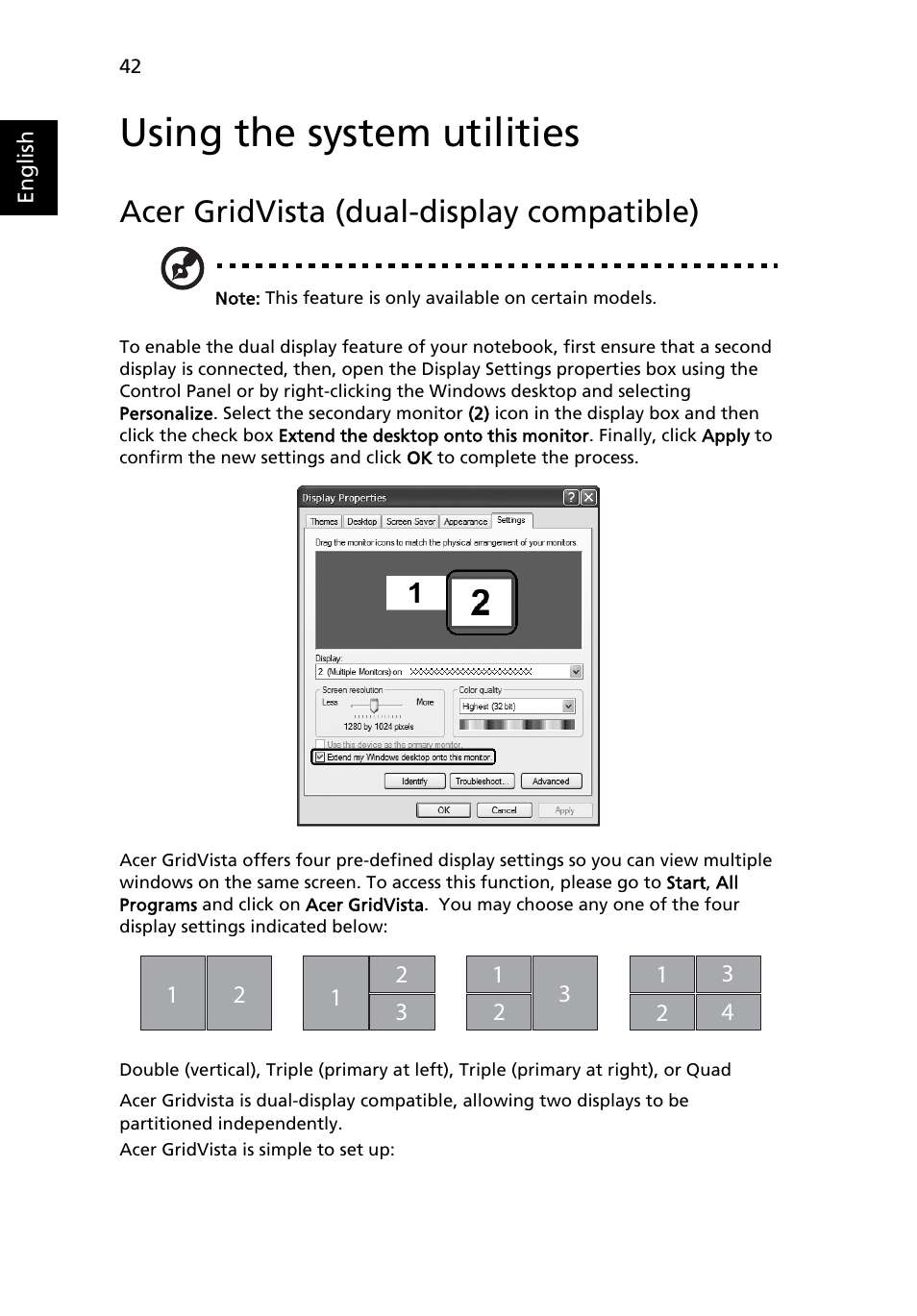 Using the system utilities, Acer gridvista (dual-display compatible) | Acer Aspire 5570Z User Manual | Page 62 / 124