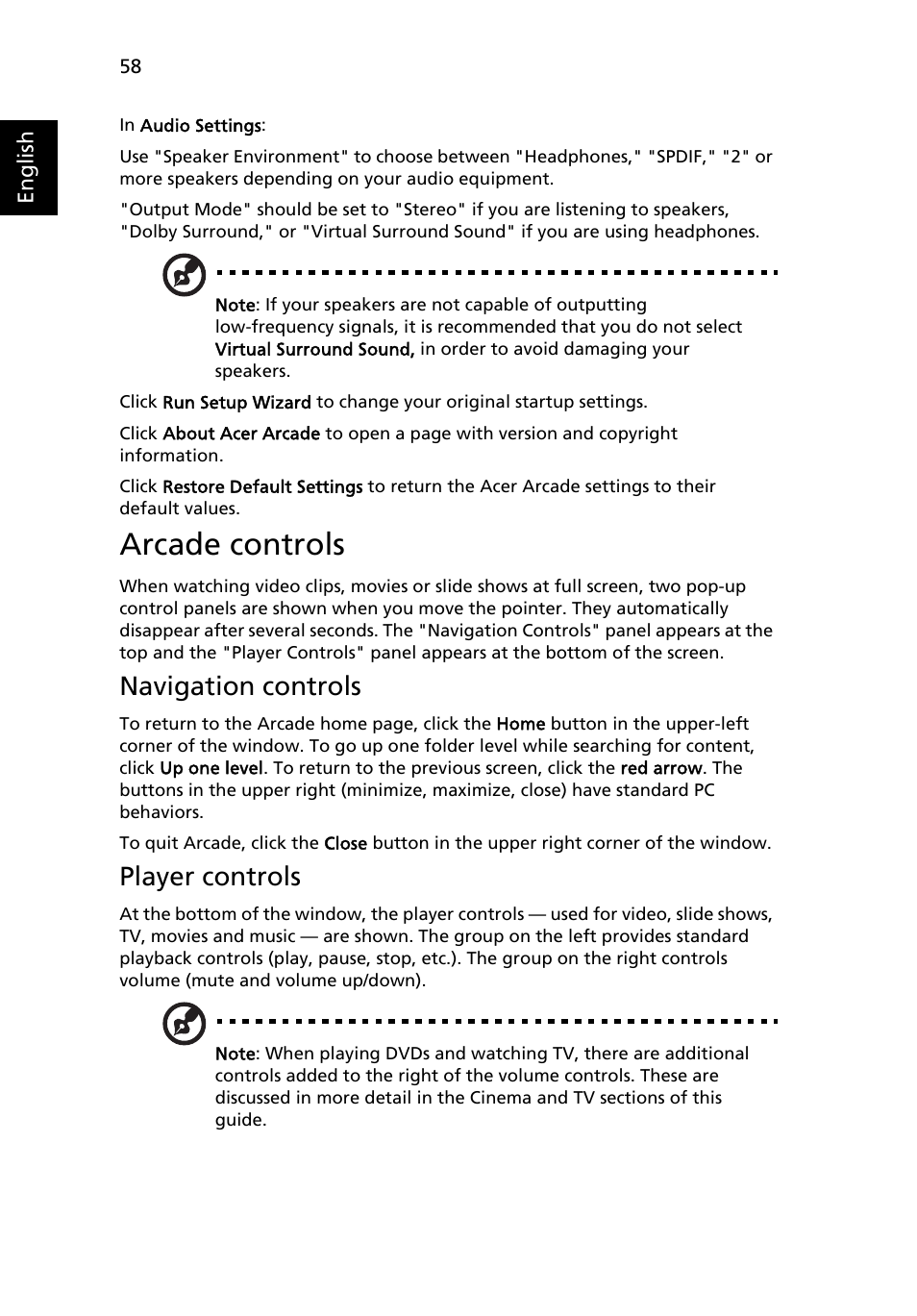 Arcade controls, Navigation controls, Player controls | Acer Aspire 5570Z User Manual | Page 78 / 124