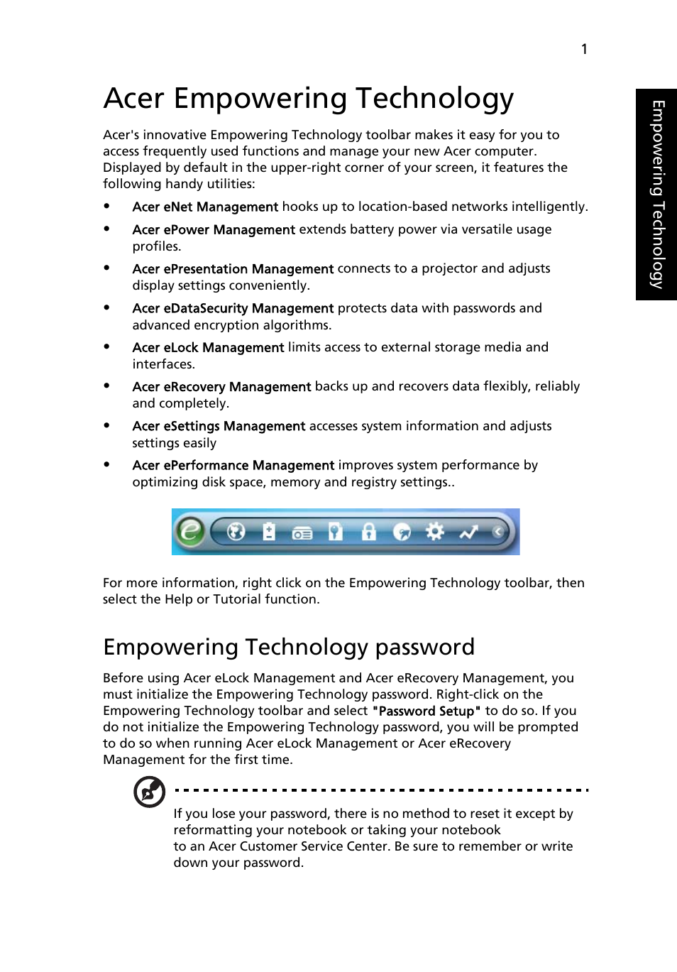 Acer empowering technology, Empowering technology password | Acer TravelMate 6500 User Manual | Page 15 / 101